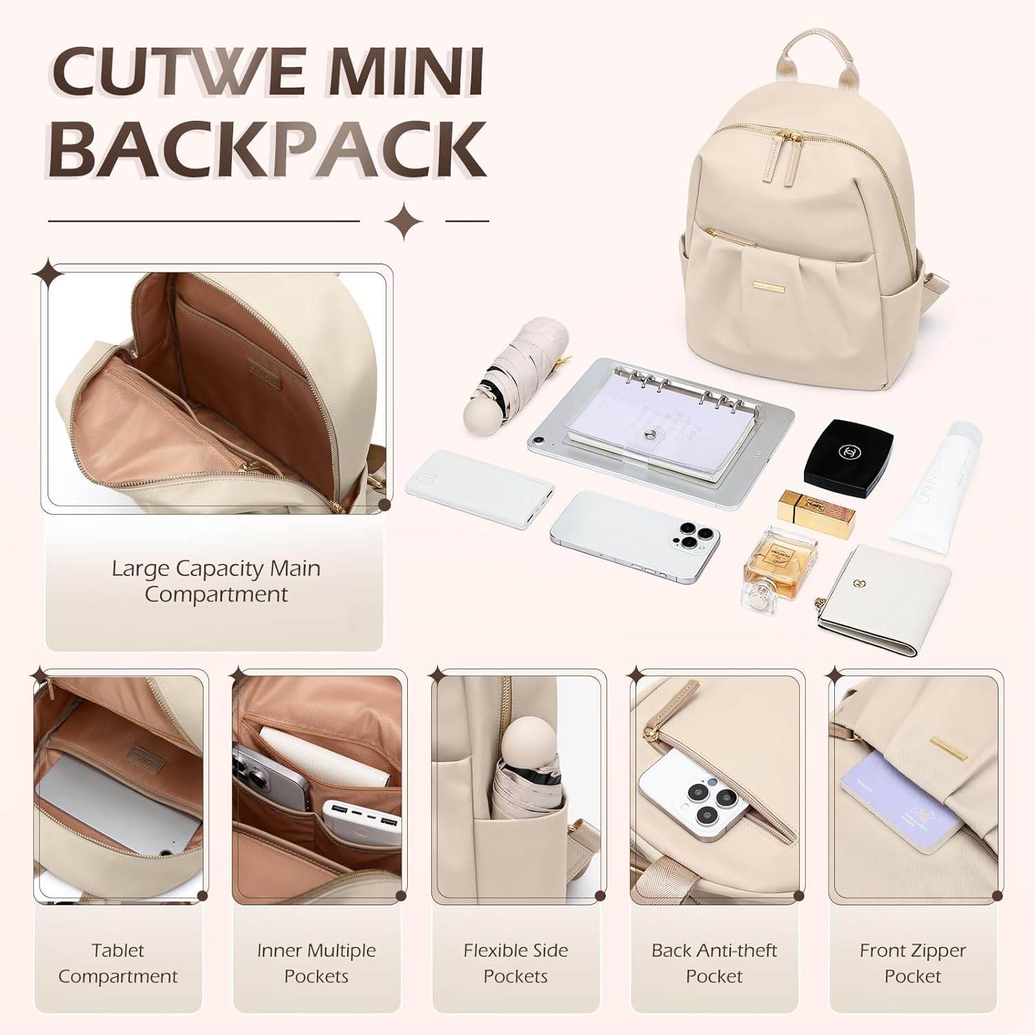 Small Backpack for Women, Cute Backpack Casual Work Daypack Purse for College Travel, fit 9.7 Inch, Apricot - Image 3