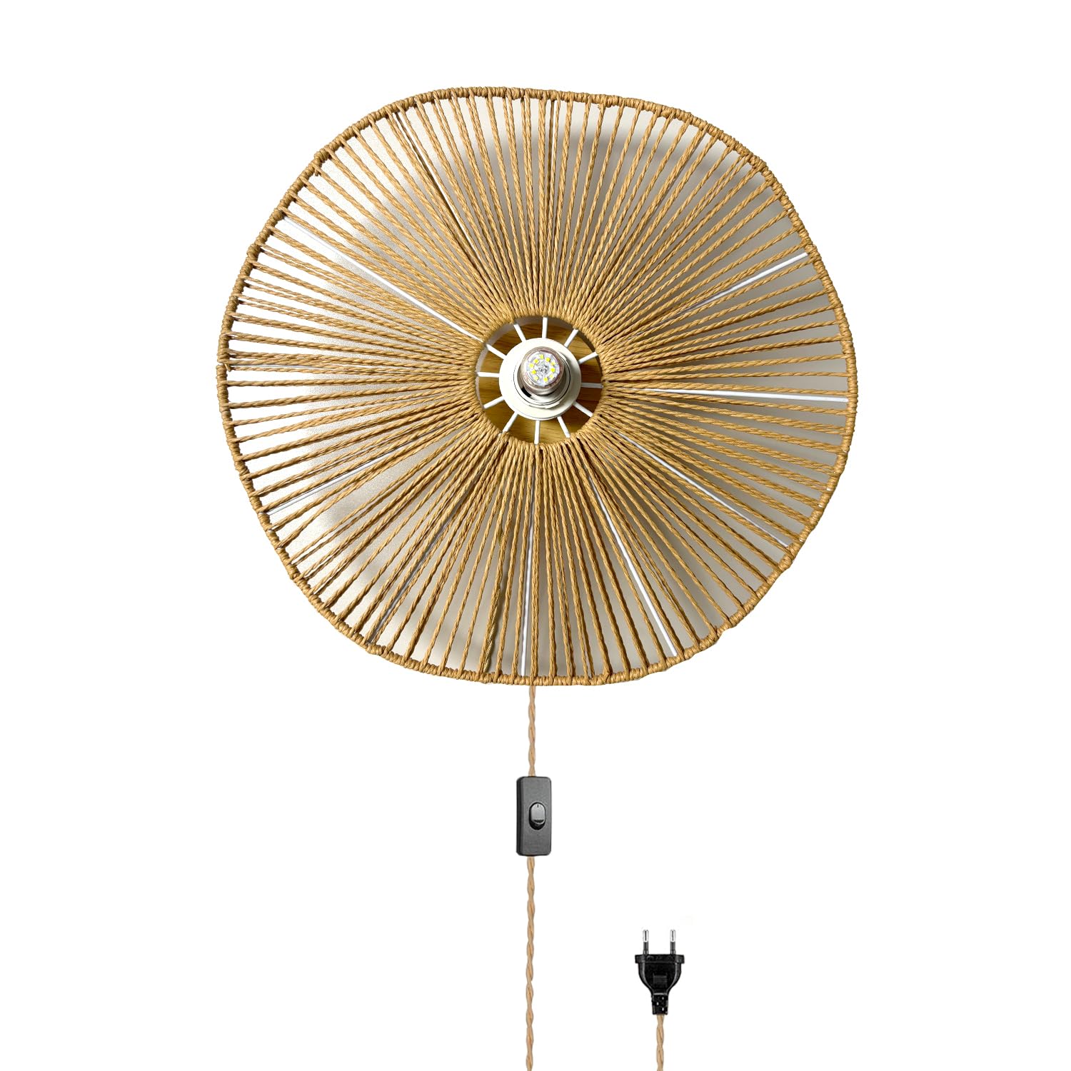 KZT 40CM Vintage Wandlampe mit Dimmbar Schalter und Stecker Boho Rattan Wandleuchte Innen E27 Nachttischlampe Rustikal mit 180cm Kabel für Schlafzimmer Wohnzimmer Flur Cafe