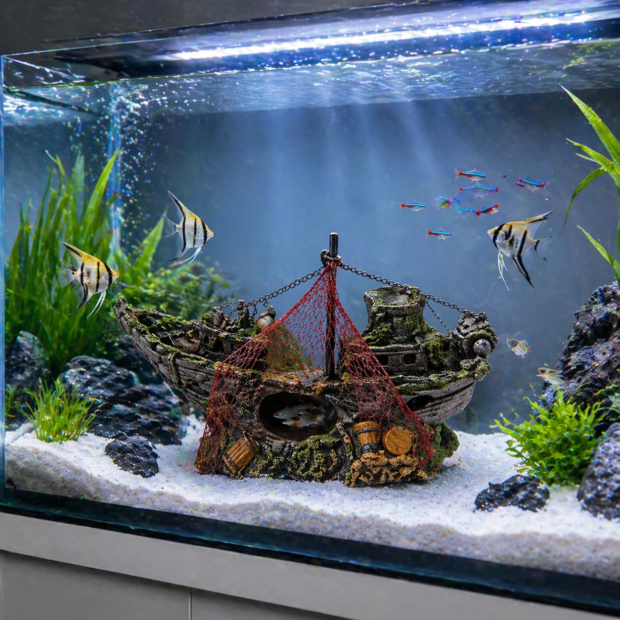 DEAR PET Aquarium Shipwreck Decoration with Net & Cave Design, Resin Fish Tank Ornament (15x23x13 cm), Natural Aquascape Decor, Hiding Spot for Fish, Non-Toxic, Ideal for Small & Medium Aquariums-image-1