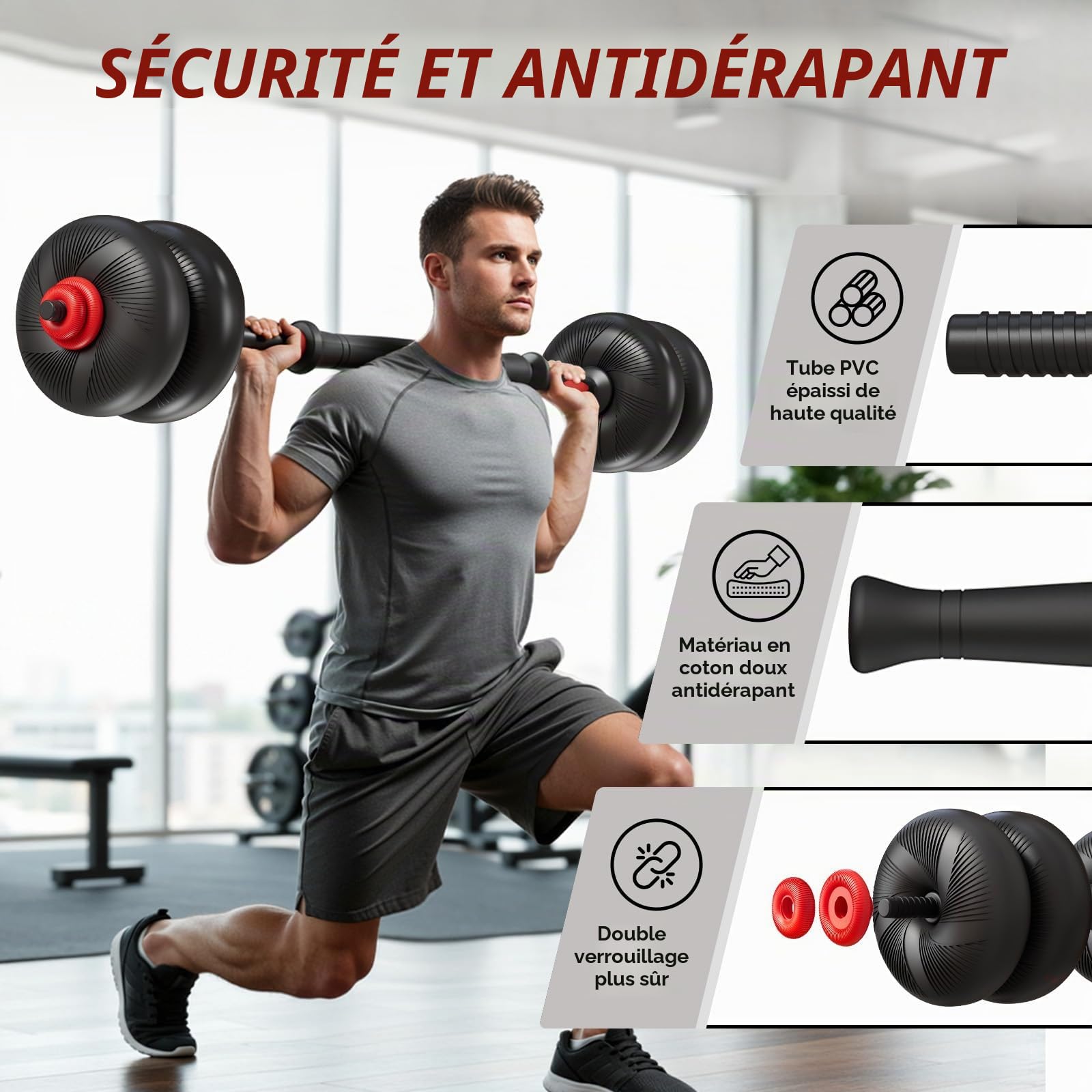Haltères Réglables 20 kg 25 kg Ensemble d'haltères 4 en 1, Kettlebell, Haltère Barre, Support de Pompes, Disque pour Home Gym Fitness