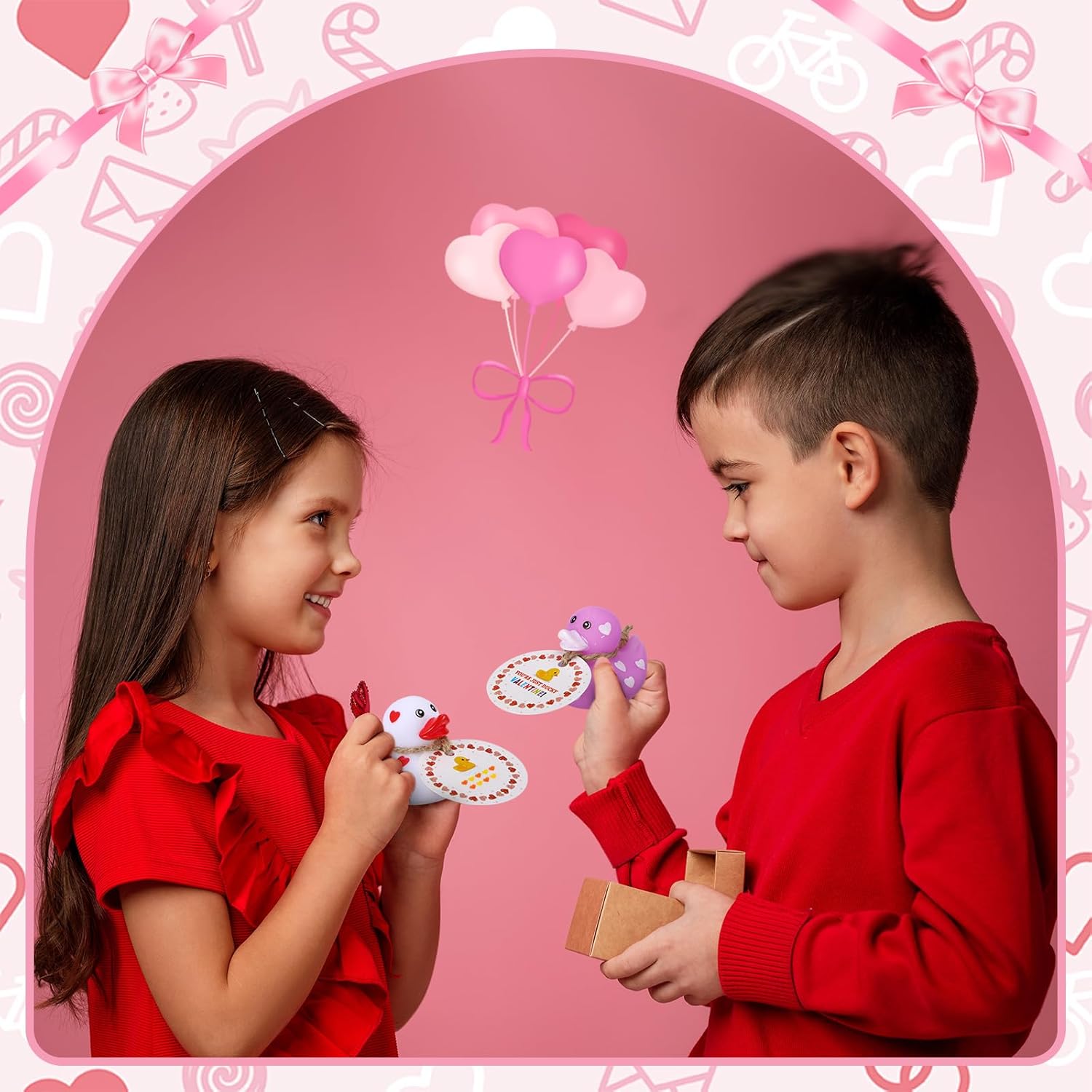 Jerify 48 Pcs 2 Inch Mini Valentine Rubber Duckies with Gift Cards Valentine's Day Heart Rubber Ducks Bath Toys for Classroom Exchange Carnival Party Favors Game Prize