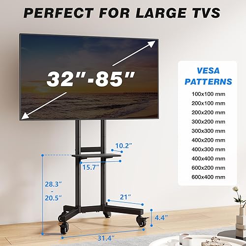 Miniatura 6 de Soporte de TV móvil con estante para televisores de 32 a 85 pulgadas de hasta 150 libras, carrito de TV móvil portátil con rueda silenciosa, soporte