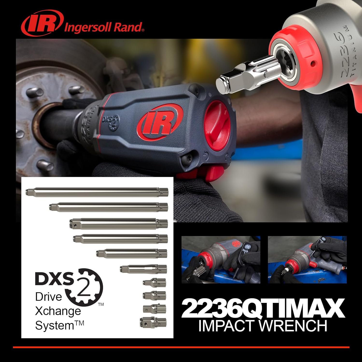 Ingersoll Rand 2236QTIMAX DXS2 Interchangeable Anvil 1/2" Air Impact Wrench EAK62H DXS2 3/4" Drive Standard and 6” Extended Anvil 2 Piece Set for 2236 Series