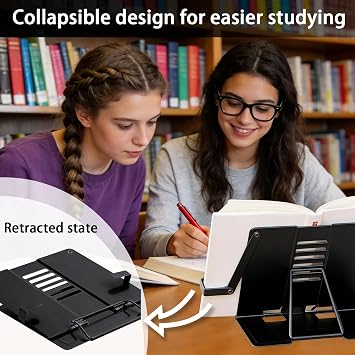 Adjustable Recipe Book Stand, Folding Cookbook Holder for Kitchen, School and Office Use, Reading Rest with Multiple Angles (Black)