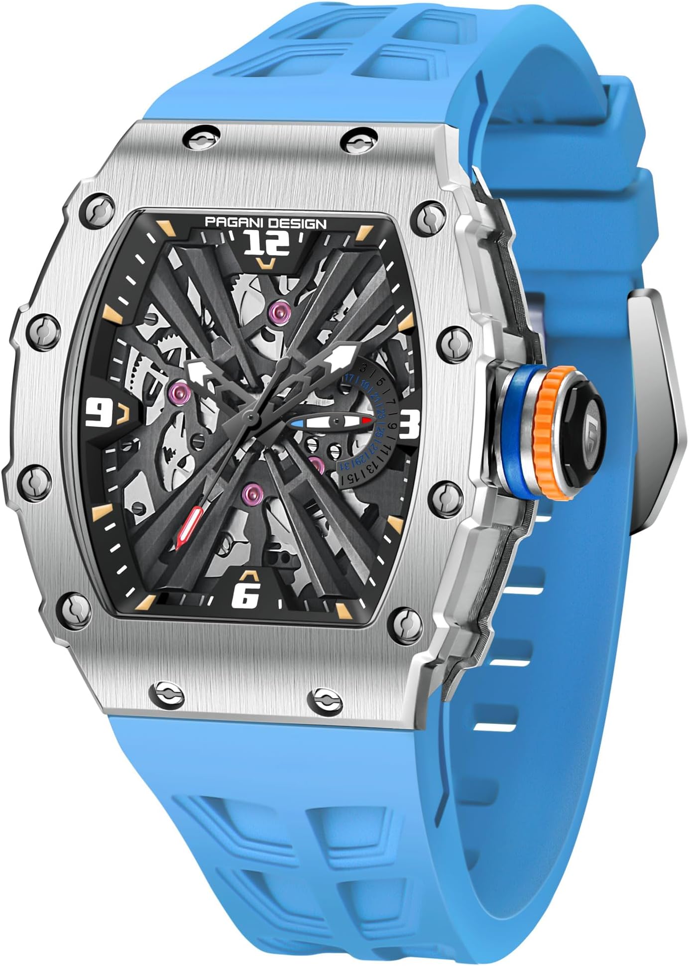 Pagani Design 1738 Men's Fashion Watch Japan VH65 Quartz Movement Stainless Steel Skeleton Tonneau Dial Rubber Strap Waterproof Luminous Sports WristWatches, BLUE, Quartz Movement