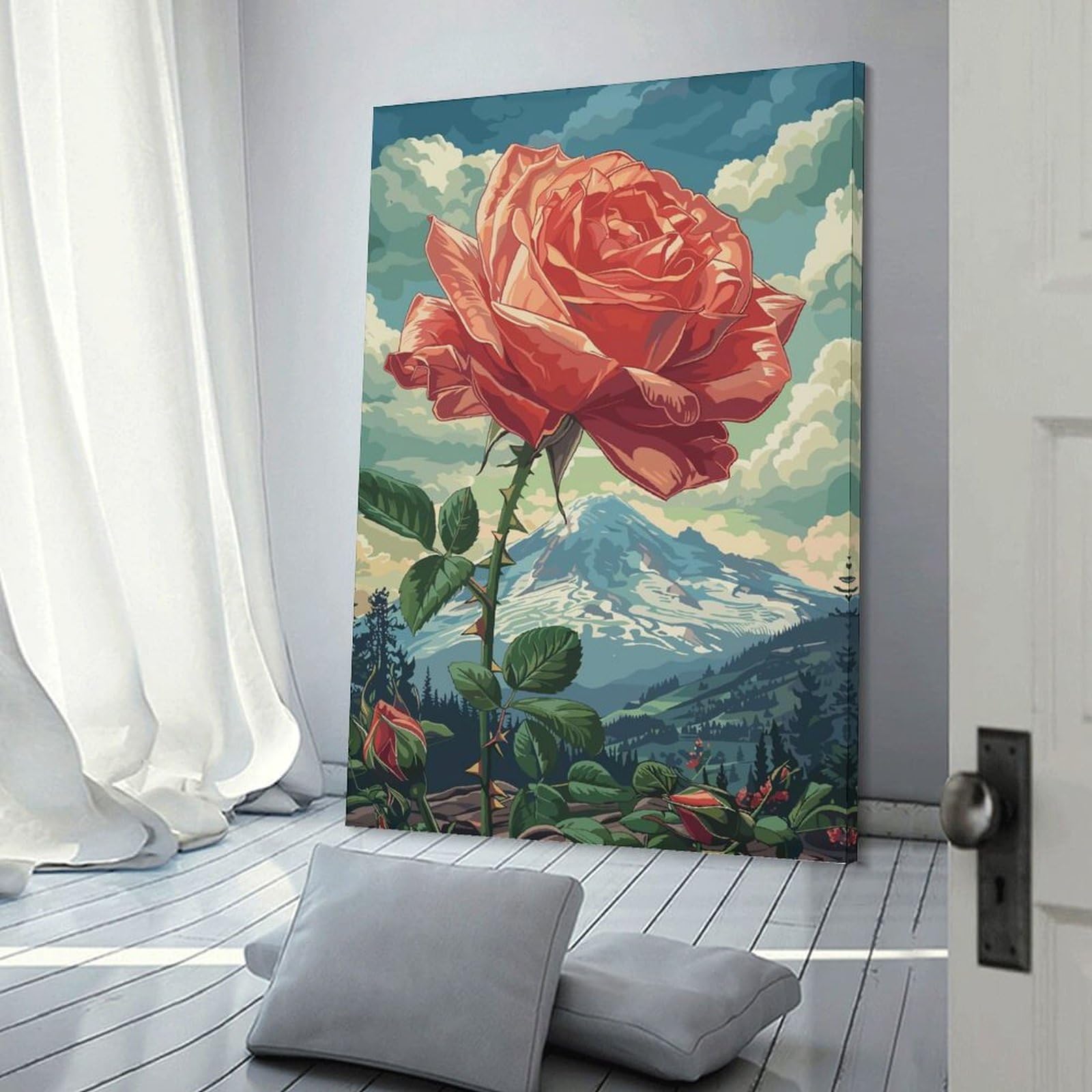 Junmoney Rose And Mountain Wall Art Print, 20x30inch(50x75cm), for Study, Office Or Focused Interiors, Home Office Artwork with Decorative Appeal