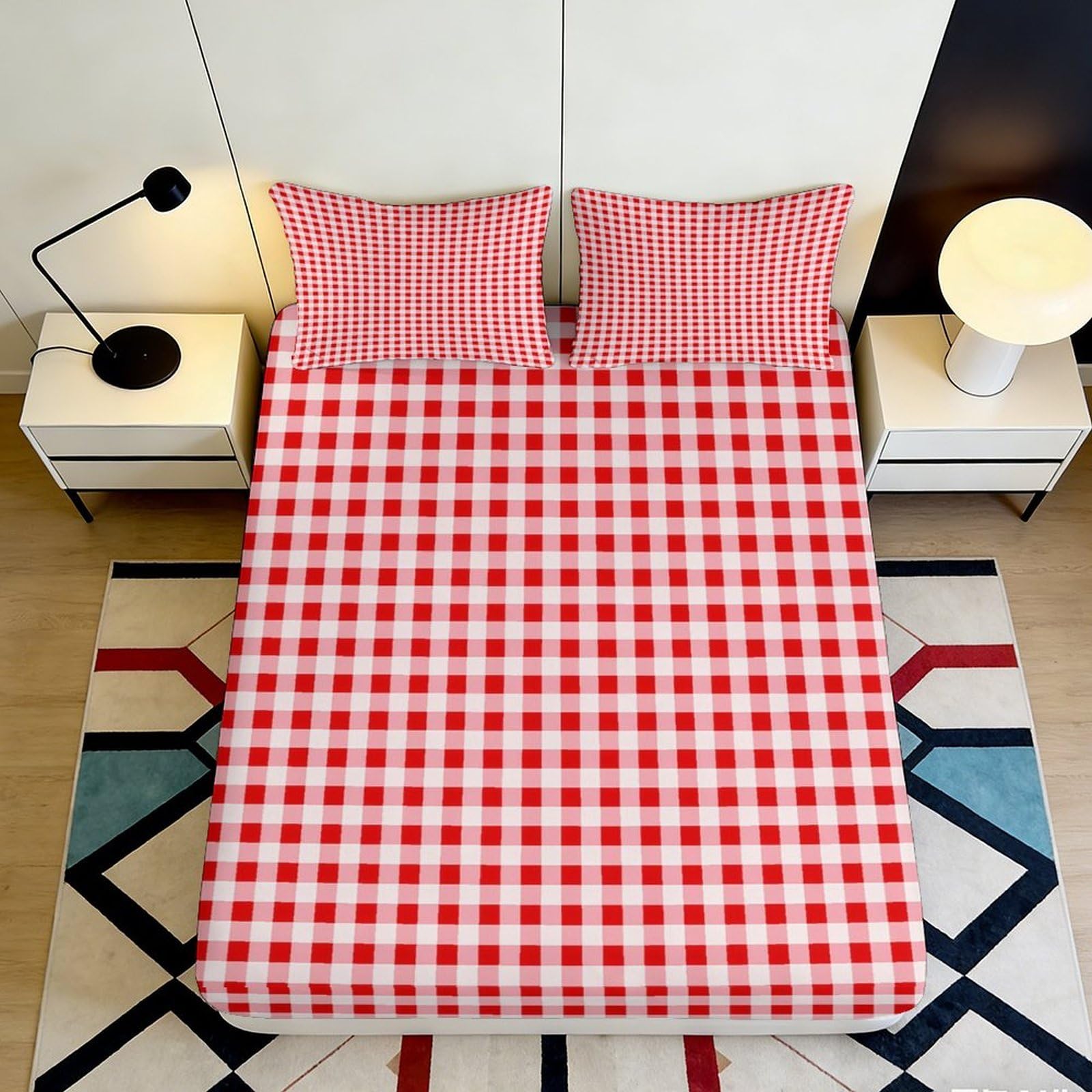3D Printed Red Gingham Fitted Sheet Microfiber Soft Breathable Plaid Bed Cover for Bedroom Dorm Mattress Protection Decor 90x200x25cm