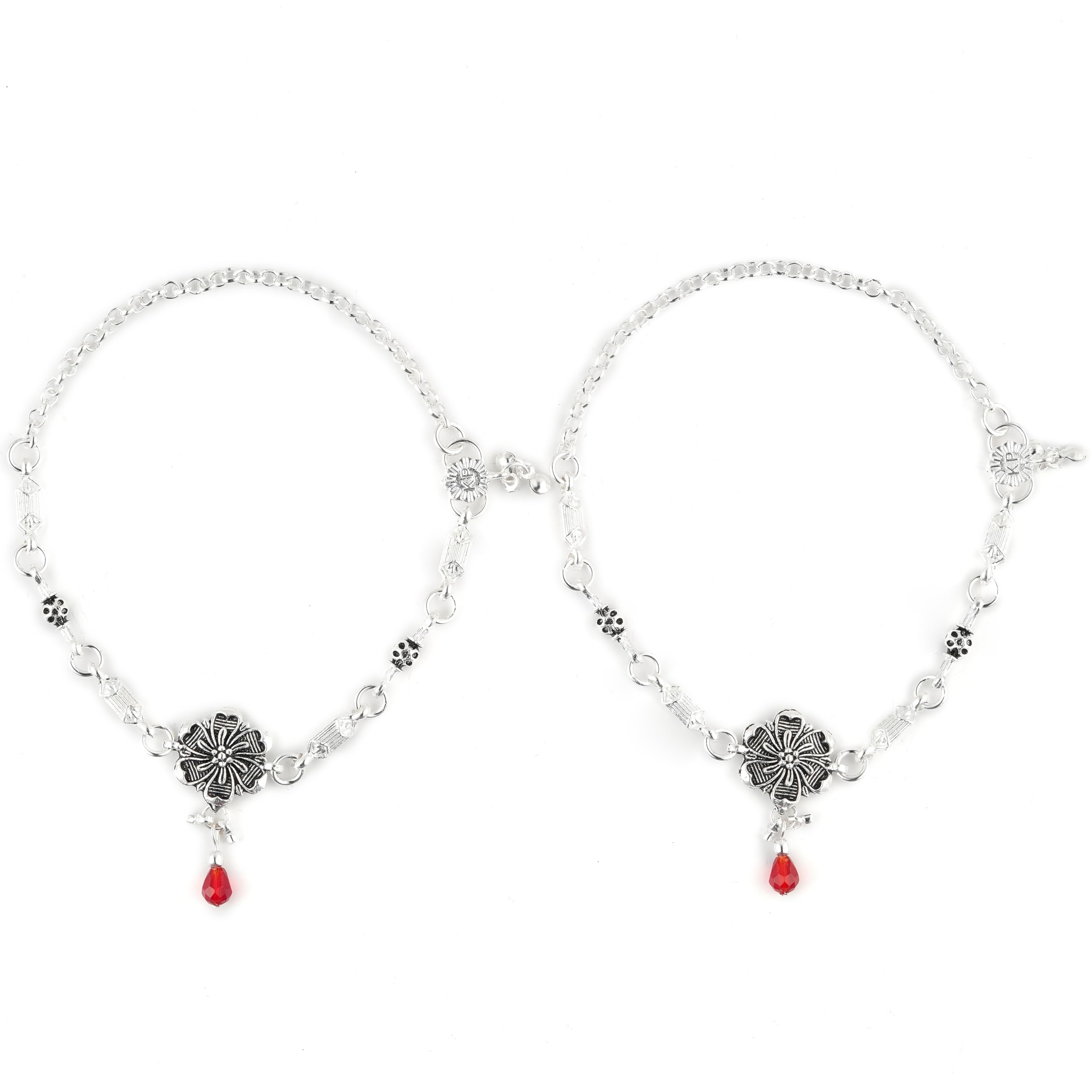 Traditional Anklet Pair with Floral Design and Red Crystal Drop - Adjustable Ethnic Payal for Women and Girls - Pack of 2-image-26