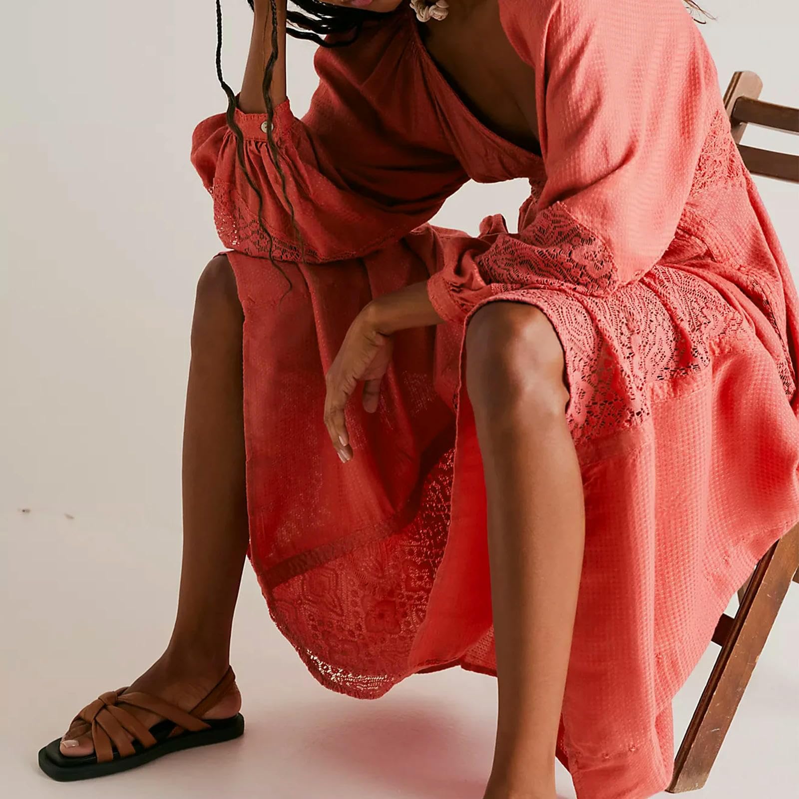 Abito Lungo in Pizzo da Donna, Elegante e di Alta qualità, con ma Lunghe a Sbuffo, Abito da Festa, Vita Regolabile sul Retro, Scollo a V, Abito Ampio e Ampio-Rosso Anguria-L