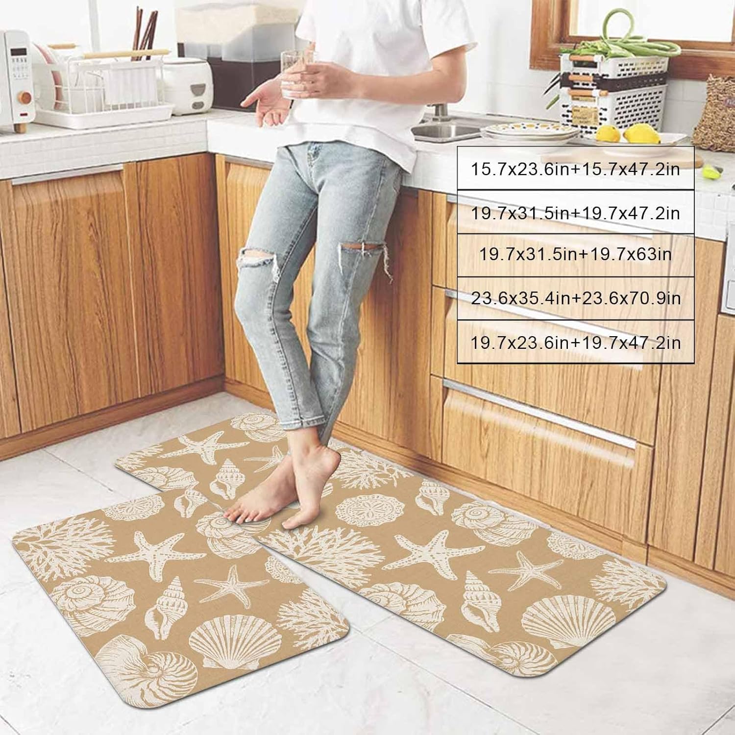 Summer Marine Life Kitchen Mats Set of 2 Graffiti Corals Shell Conch Sea Starfish Khaki Non Slip Mat Washable Floor Rug for Kitchen Sink Floor Laundry, 19.7"x31.5"+19.7"x47.2"