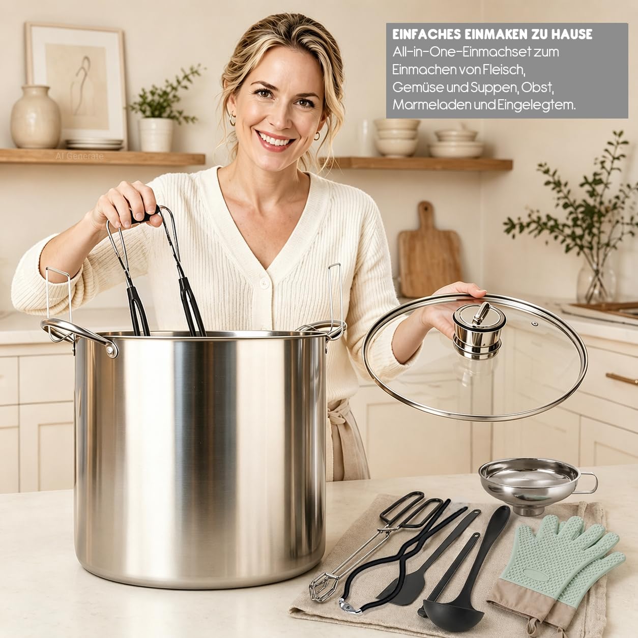 12-teiliges Einkochset Starter Kit, 24L Edelstahl Einkochtopf mit Glasdeckel und Einmachgitter, All-in-One Einmachtopf Set zum Einkochen von Marmelade Gurken Obst, für Anfänger