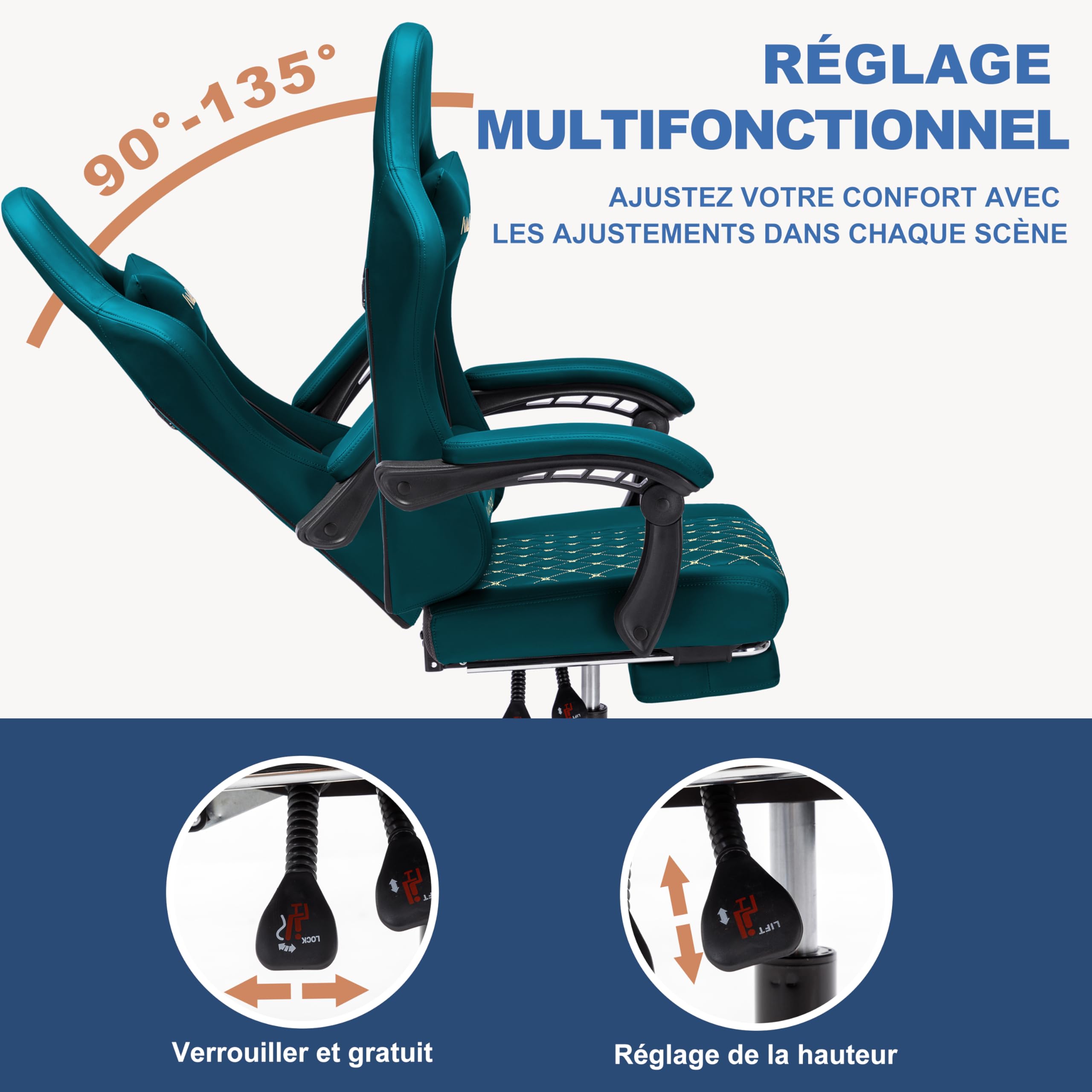 Andyou Chaise de Gamer Ergonomique, Chaise Gaming avec Soutien Lombaire Repose-Pieds, Fauteuil de Bureau réglable et pivotant capacité de Charge 150 kg, Cuir PU