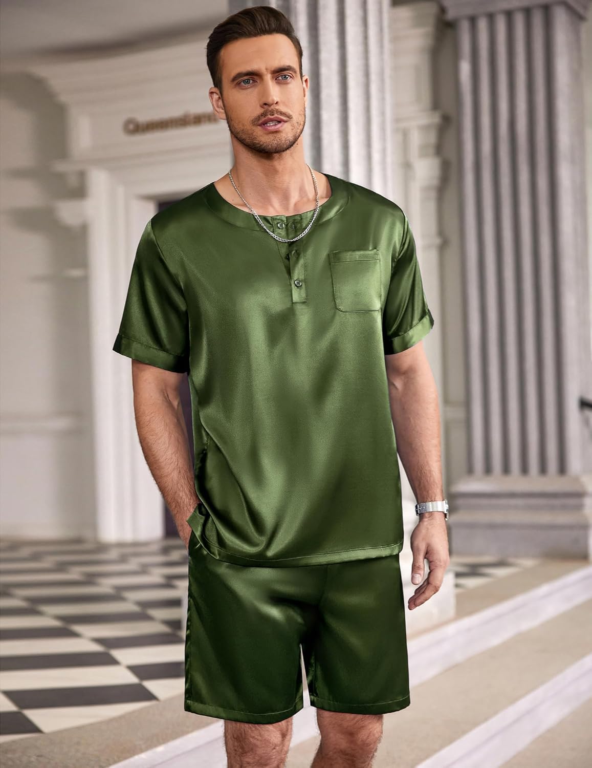 Ekouaer Men Silk Pajamas Set 2 Piece Pjs Soft Satin Sleepwear Shorts Button Down Tops Loungewear with Pockets - Image 2
