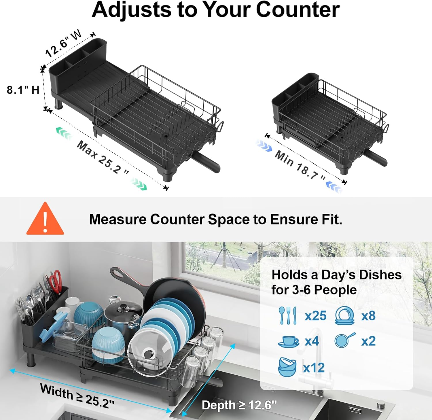 GSlife Large Dish Drying Rack for Kitchen Counter, Expandable Rust Resistant Dish Drainer with Drainboard & Utensil Holder, Adjustable Dish Rack with Vertical Pot Storage, 12.6"W x 18.7"-25.2"L, Black