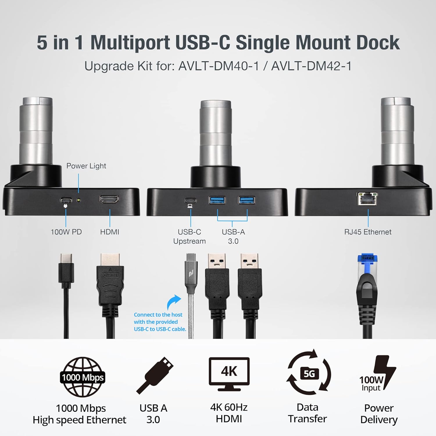 5 in 1 Multiport USB C Single Mount Dock for AVLT-DM40-1 and AVLT-DM42-1, USB-C Docking Station, HDMI 4K60Hz, USB-A 5Gbps, Ethernet, 100W PD - Black