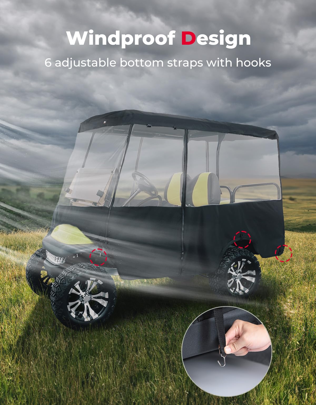 KEMIMOTO Pokrowiec na wózek golfowy 600D, pokrowiec przeciwdeszczowy dla 4 i 6 pasażerów, kabina z przezroczystą ochroną przed wiatrem z PCW, osłona przeciwdeszczowa do wózka golfowego, kompatybilna z