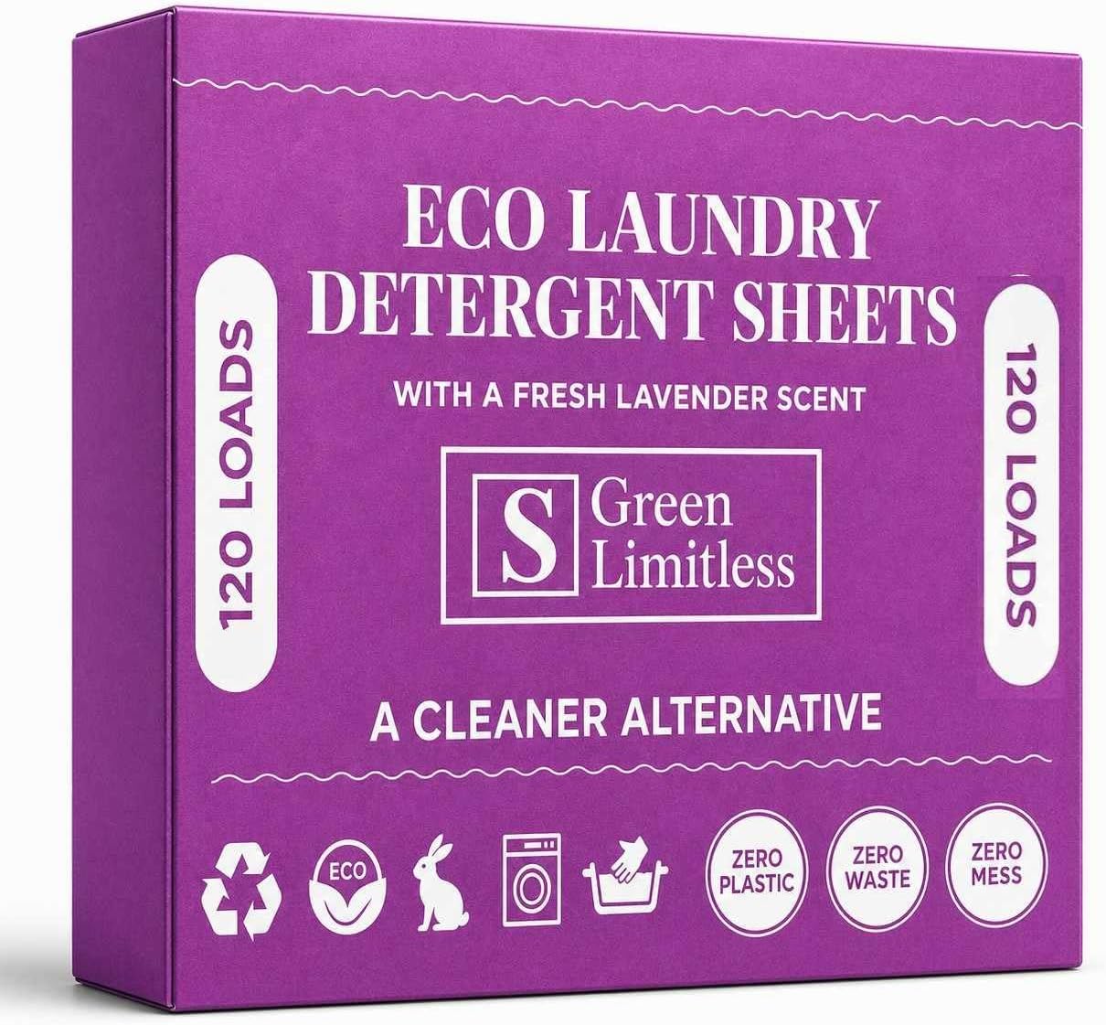 Green Limitless Eco Laundry Detergent 120 Sheets (Loads) with A Lavender Scent. All the benefits of a liquid detergent, washing powder, or washing pods without any of the drawbacks.