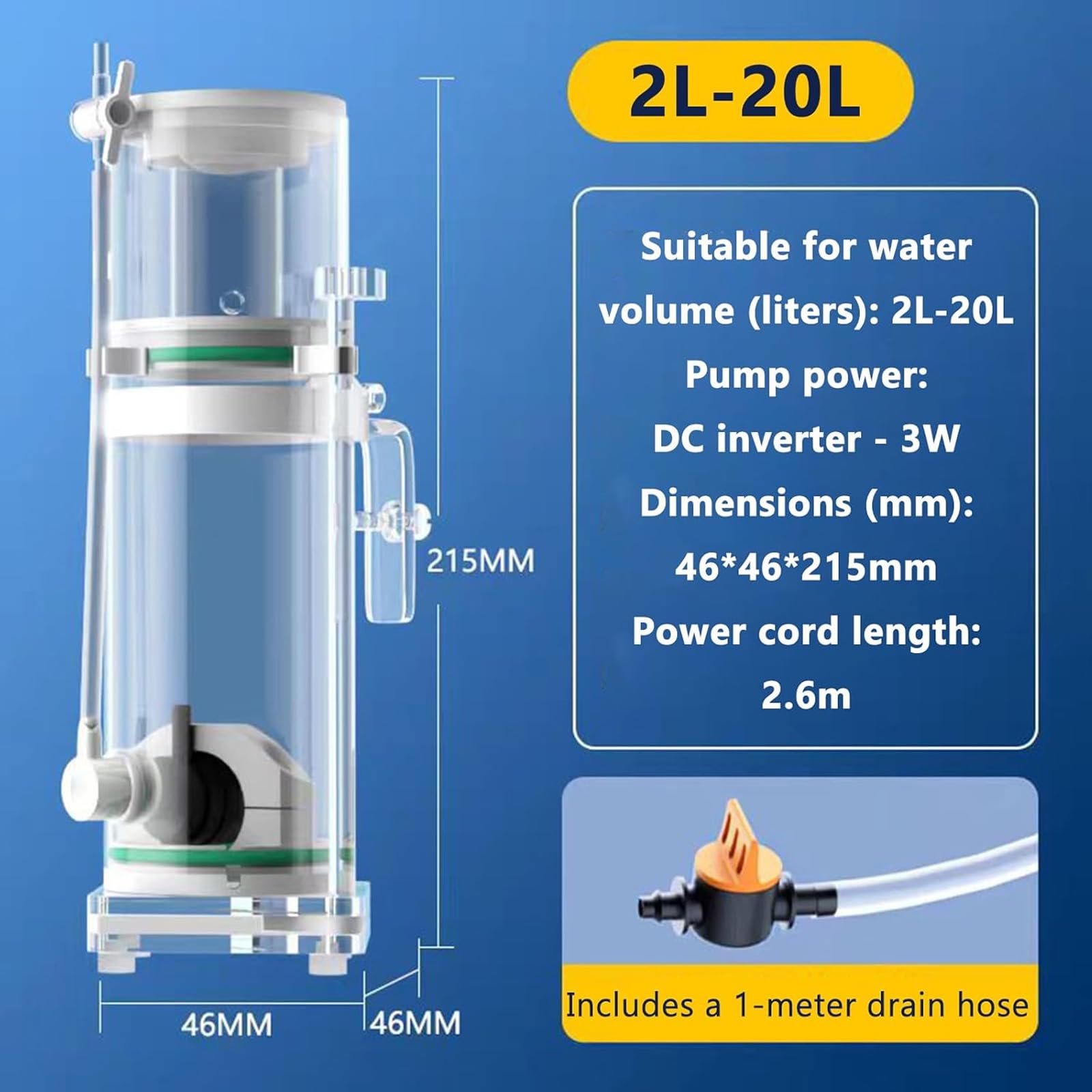 Spieniacz powierzchniowy do akwarium, spieniacz białkowy do akwariów morskich, pojemność wody odpowiednia od 2 l do 20 l / od 5 l do 40 l / od 15 l do 90 l. Wybierz swój własny