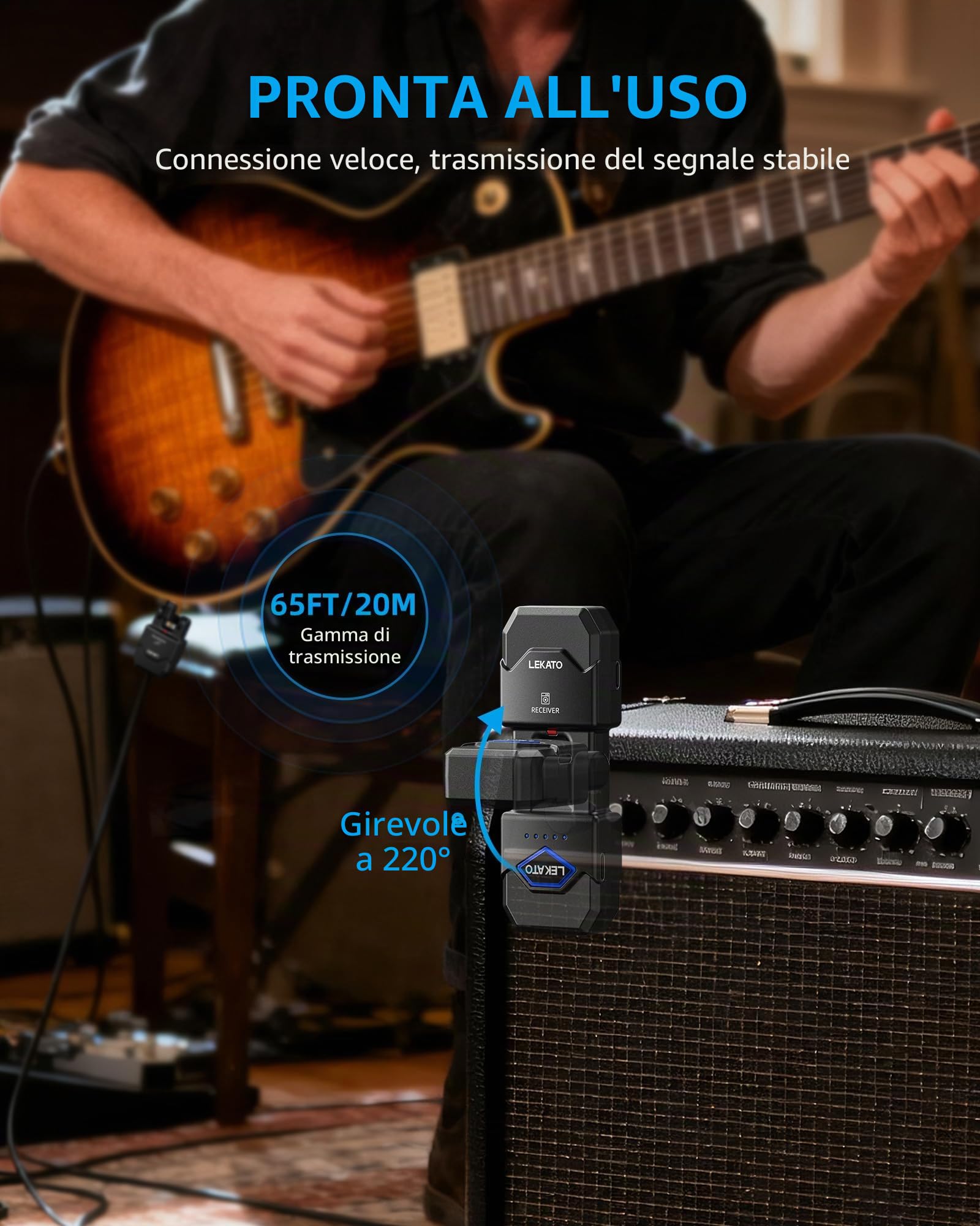 LEKATO Sistema per chitarra wireless con custodia di ricarica, ricevitore trasmettitore per chitarra con 15 ore di autonomia, cavo ricaricabile senza fili per chitarra e basso con 4 canali per