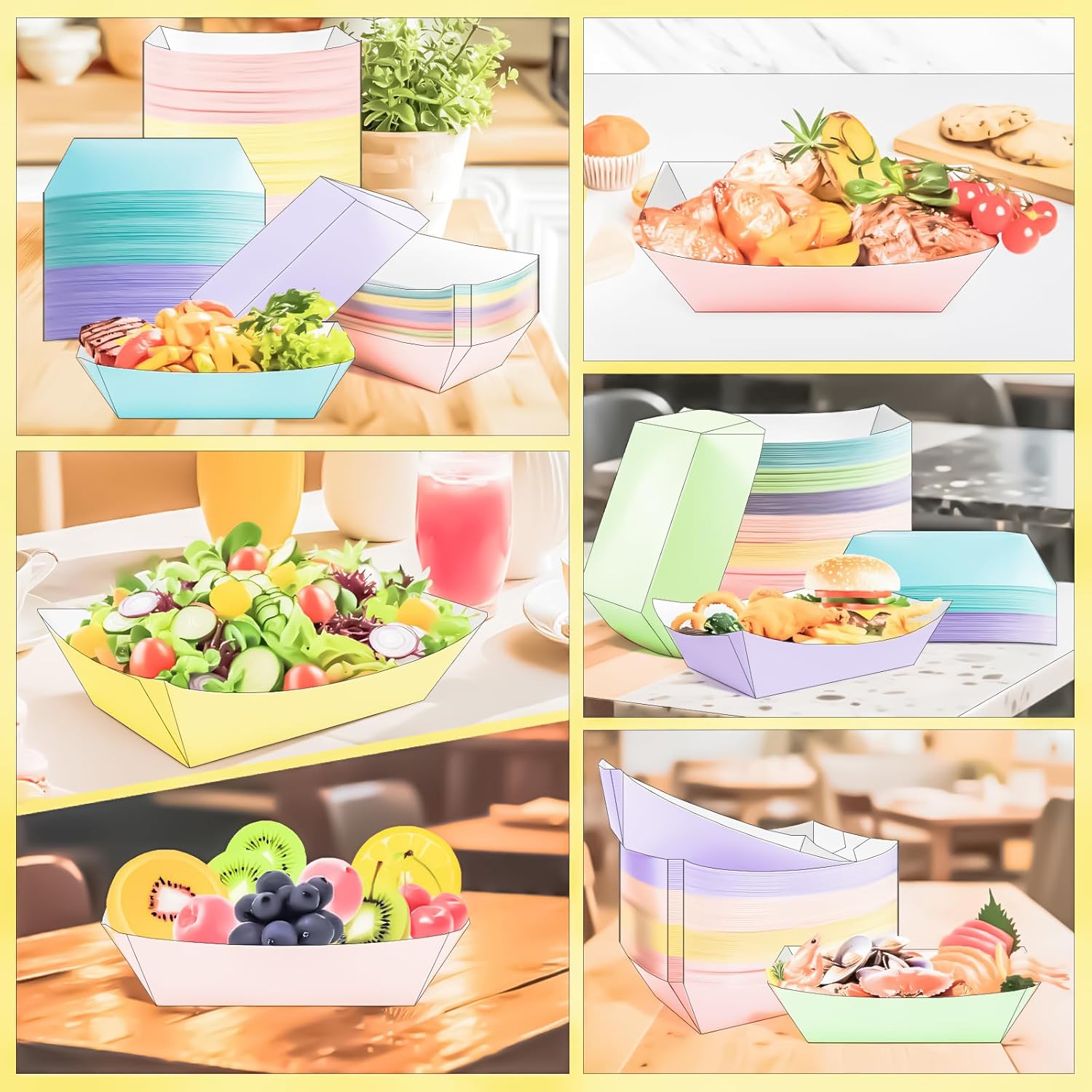 MotBach 100 Pack Extra Large 5Lb Paper Food Boat Trays Disposable Paper Boat Containers, Colorful Kraft Food Serving Tray Boats Plates for Snack Popcorn Sandwich Burger BBQ Hot Dog Taco Fries Nacho