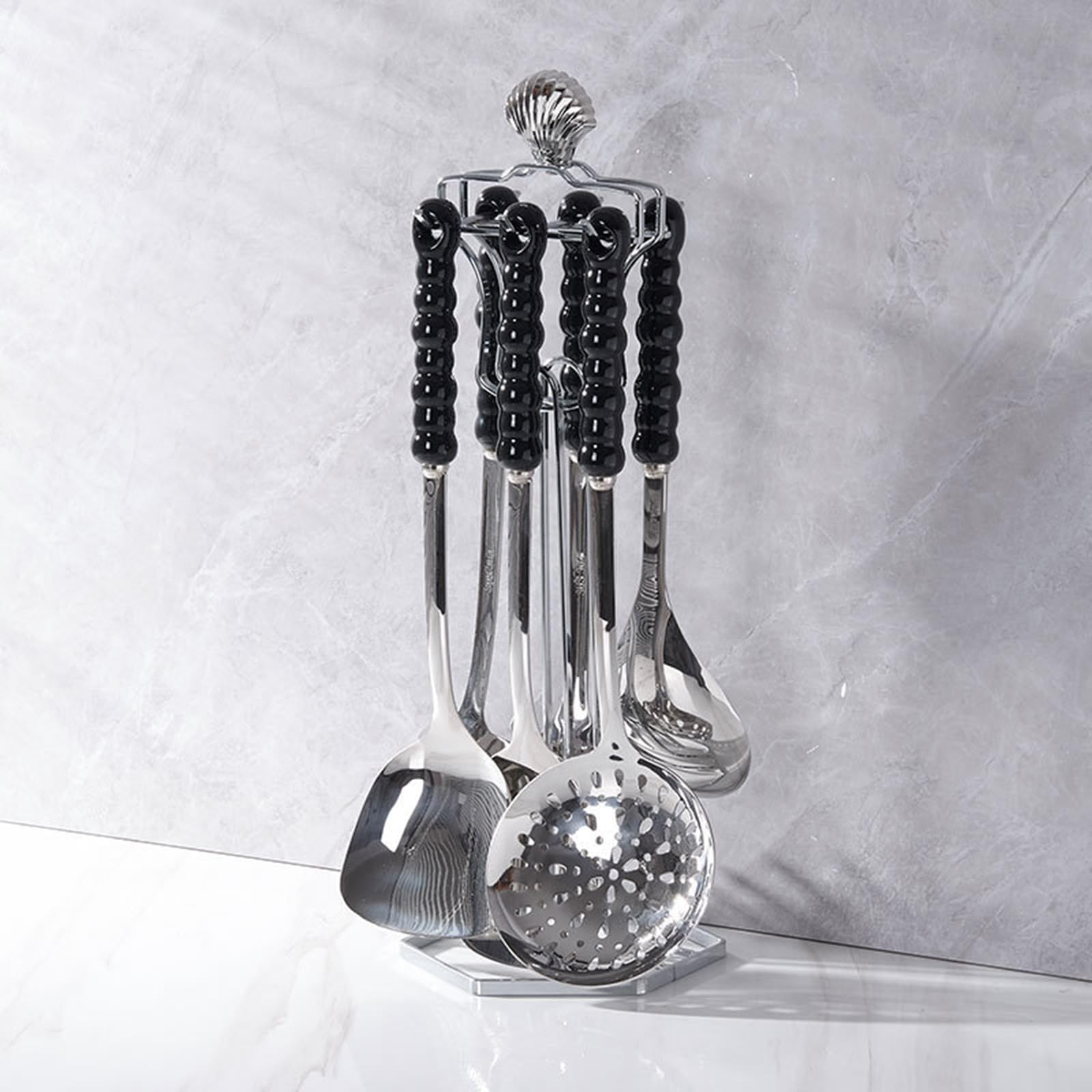 Juego De Utensilios De Cocina De 7 Piezas con Estante Colgante, Juego De Utensilios De Cocina De Acero Inoxidable con Mango De Cerámica, Incluye Cuchara Ranurada, Espátula Ranurada