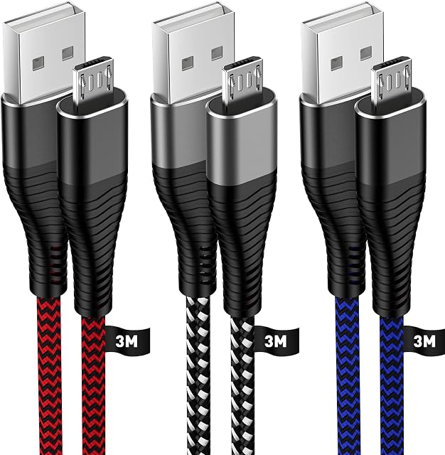 Micro USB Cable 3M 3Pack, HUNYYN Long Android Charging Cable, Nylon Braided Micro USB Charger Lead for PS4/PS4 Pro /PS4 Slim Controllers, Samsung Galaxy S6/S7, Kindle Fire, Xbox One and More