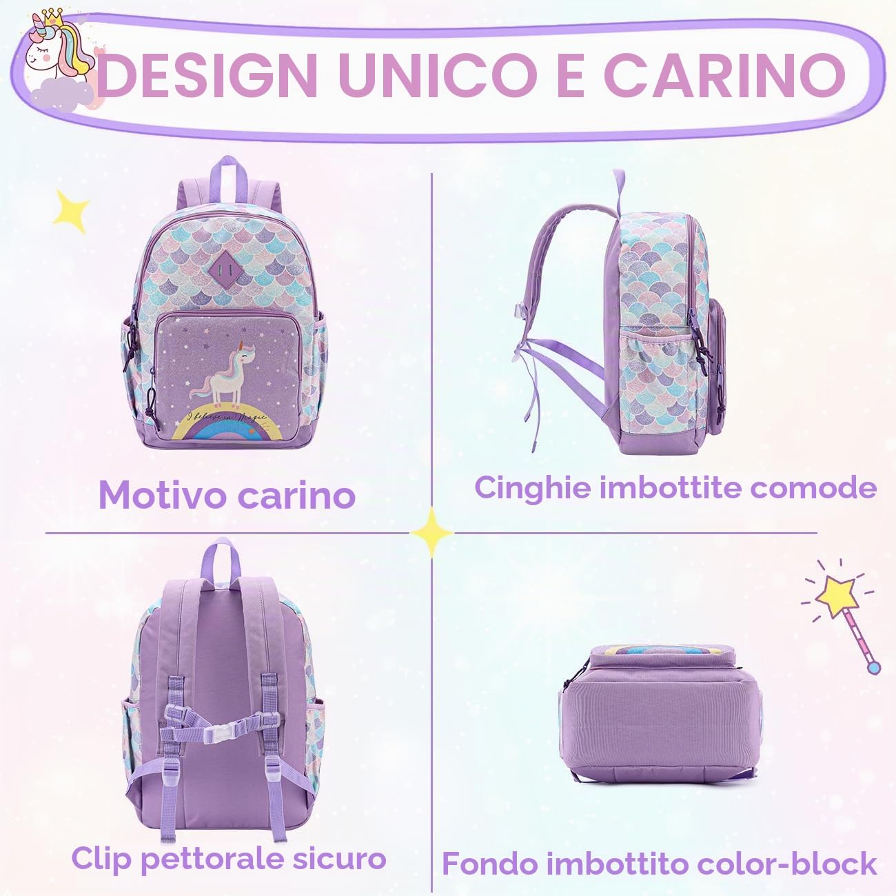 VASCHY Zaino Bambina, Zainetto Bambina Zainetto Asilo Bambino Zaino Scuola Elementare con Fascia Toracica Zaino Bimba Leggera Regalo Bimba 2-8 Anni Zaino da Viaggio/Campeggio