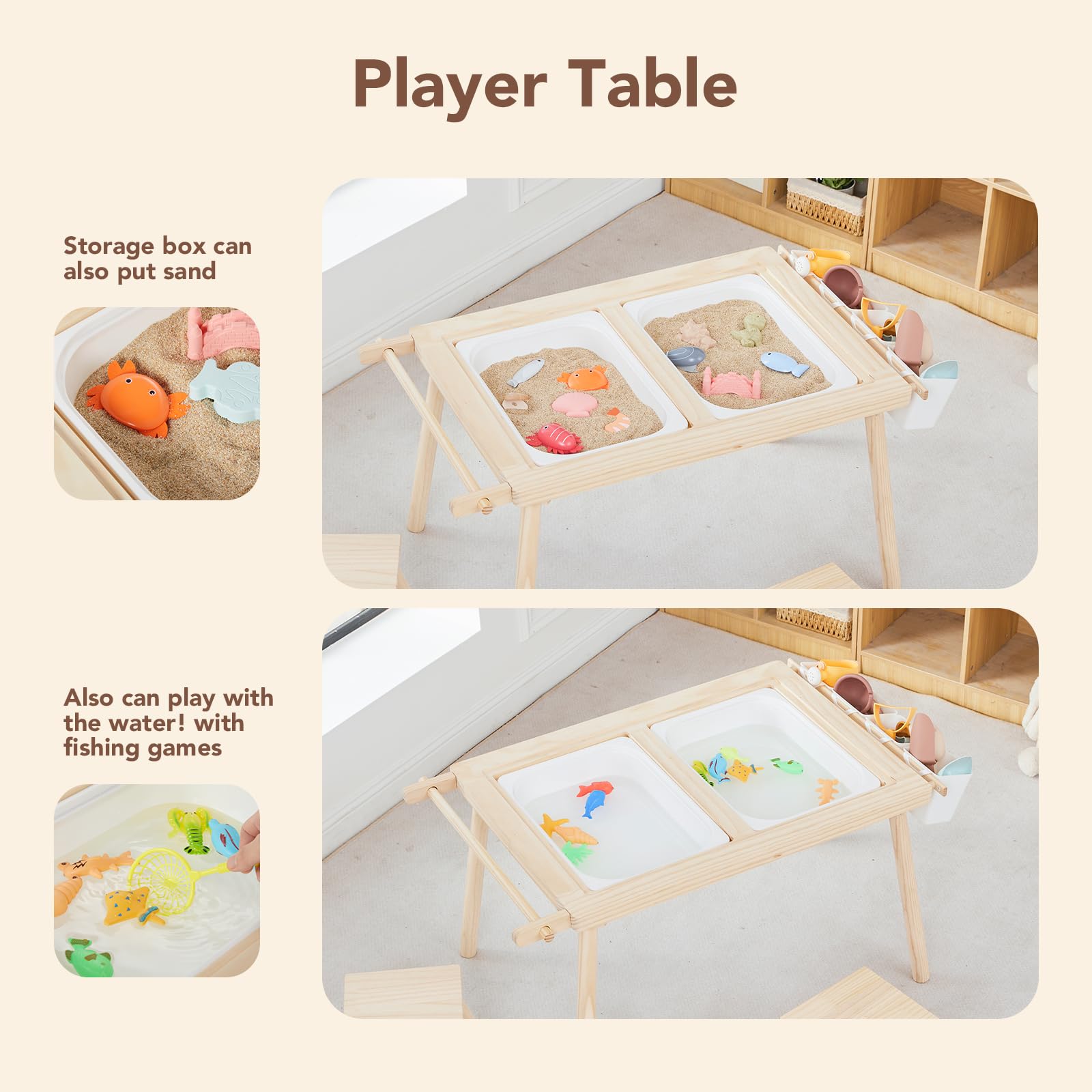 Juego de mesa y silla sensorial 5 en 1 para niños, juego de arena y agua de madera, bloques de construcción, estudio, comedor, almacenamiento de juguetes 6