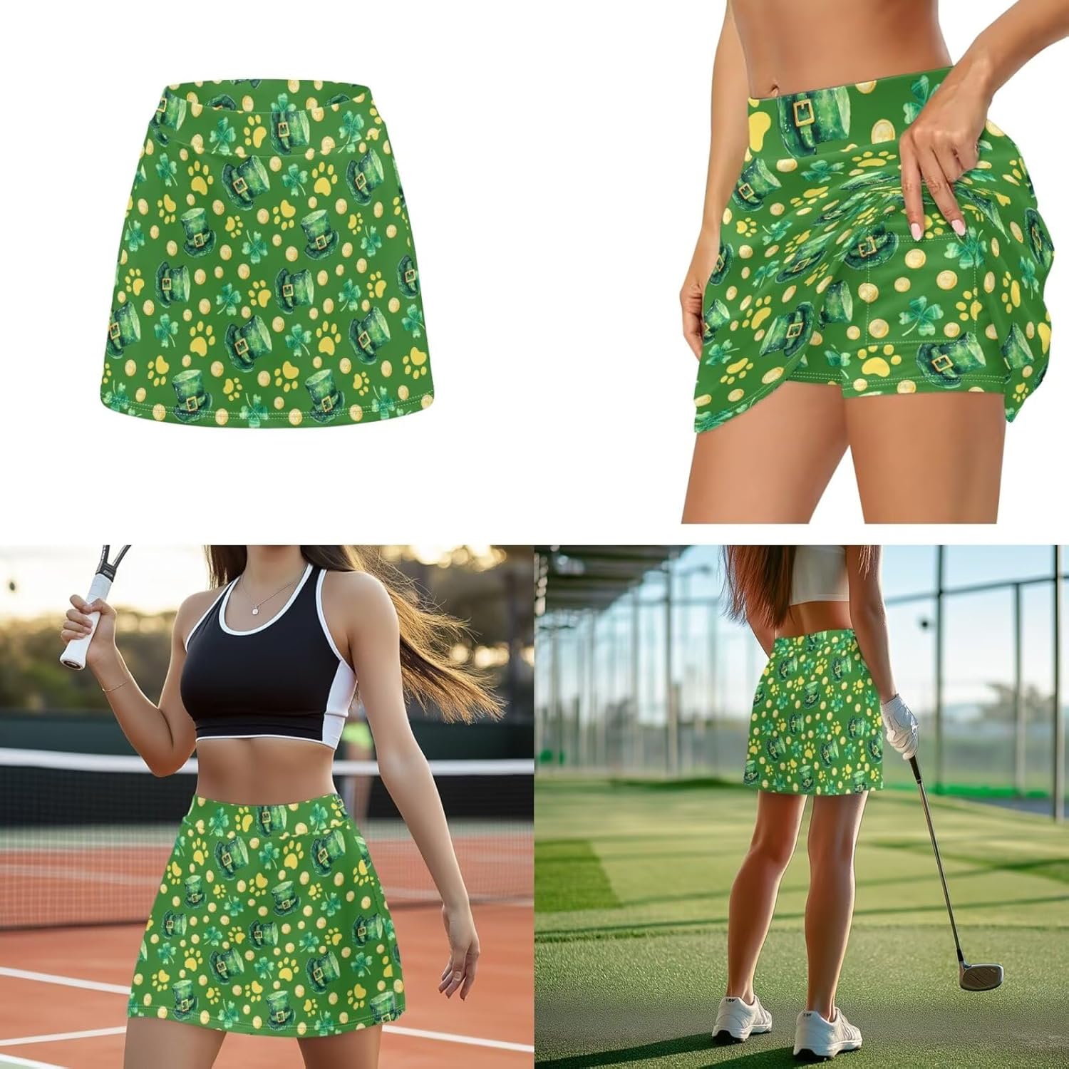 POLERO St Patricks Day Skirts for Women with Headband Matching Sets High Waisted Golf Tennis Skort with Pocket