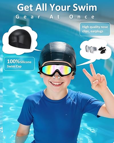 Miniatura 5 de Gafas de natación para niños, antivaho, protección UV y amplia visión con gorro de natación para niños de 3 a 15 años