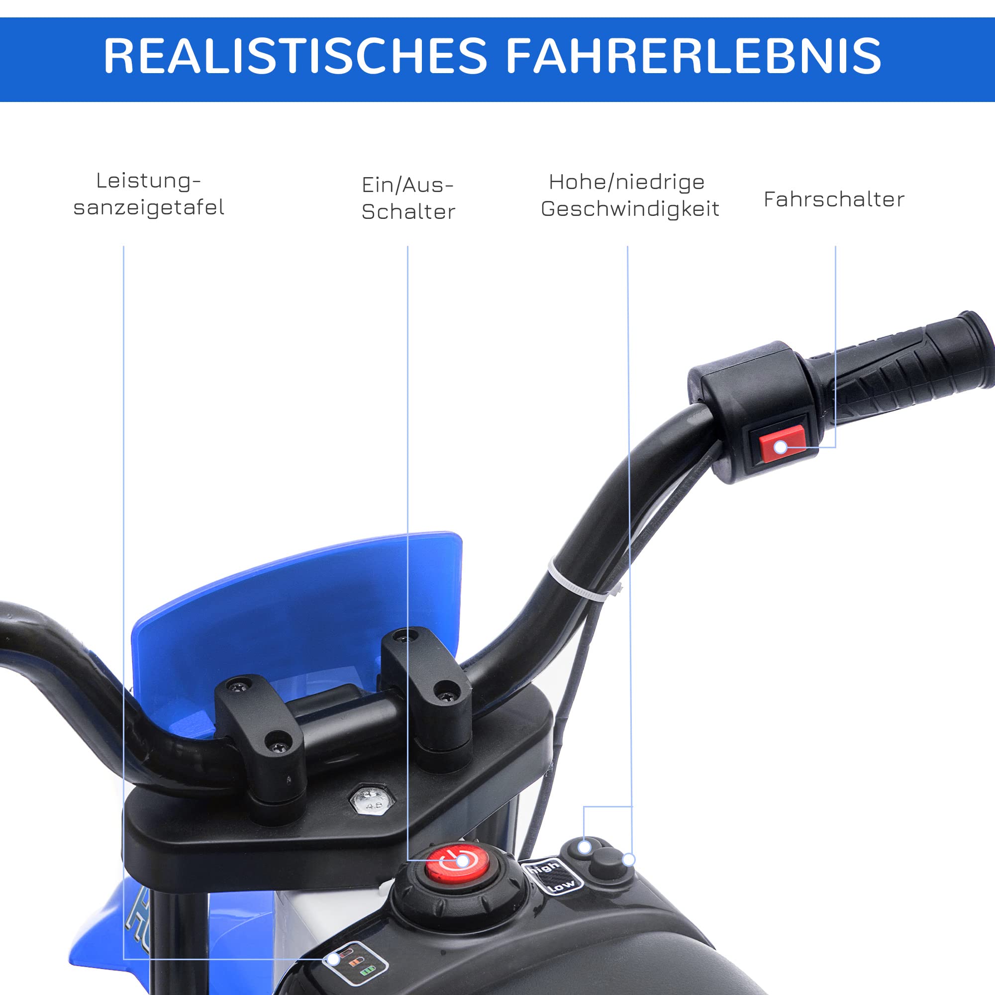 HOMCOM Elektro Kindermotorrad 3-8 km/h 2 Stützräder ab 3 Jahre Blau+Weiß | Elektromotorrad Kinder, Elektro Motorrad, Kinder Motorrad Elektrisch Ab 3 Jahre