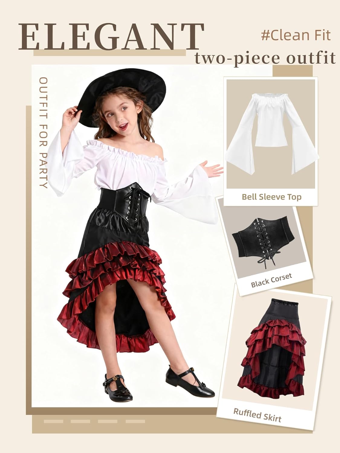 Verceco Pirate Medieval Renaissance Dress, Brown and Black Ruffled Skirt with Corset, Bell Sleeve Peasant Top