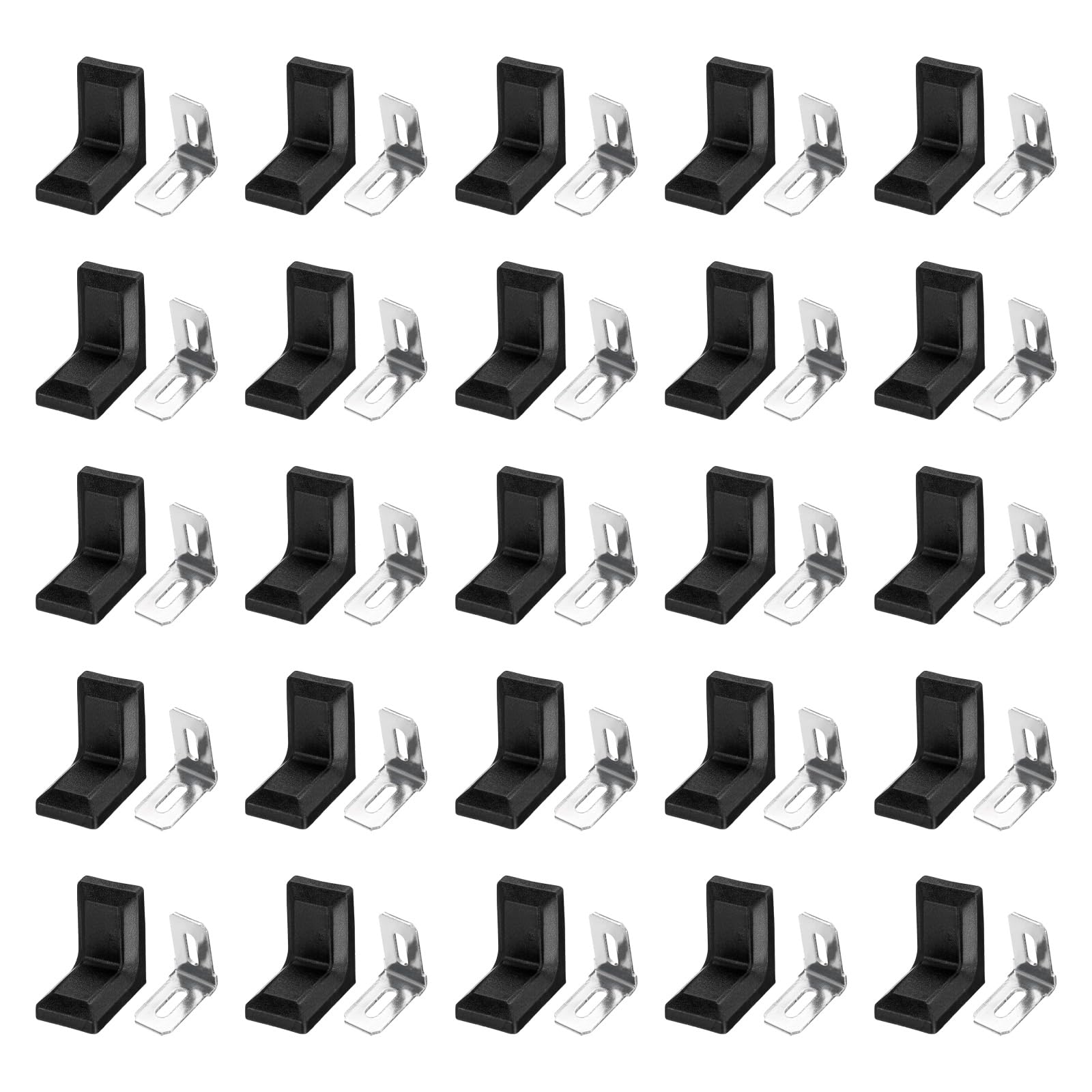 sourcing map 50pcs Metal Corner Braces 18x28x28mm L-Shape 90 Degree Right Angle Brackets Corner Braces with Plastic Brackets Screws for Furniture Support Chairs Wood Shelf Cabinets Box, Black