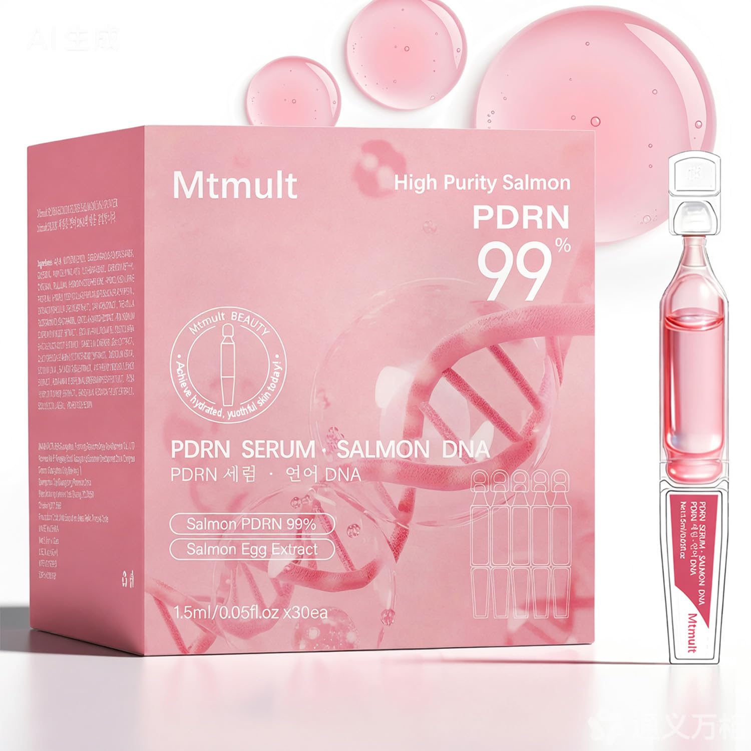 Mtmult Salmon DNA PDRN Serum - PDRN Salmon DNA Anti-Aging Ampoule with 99% Salmon DNA PDRN, Collagen & Hyaluronic Acid, 0.05 fl.oz x 30e, Firming & Moisturizing - Fuses Salmon DNA Power