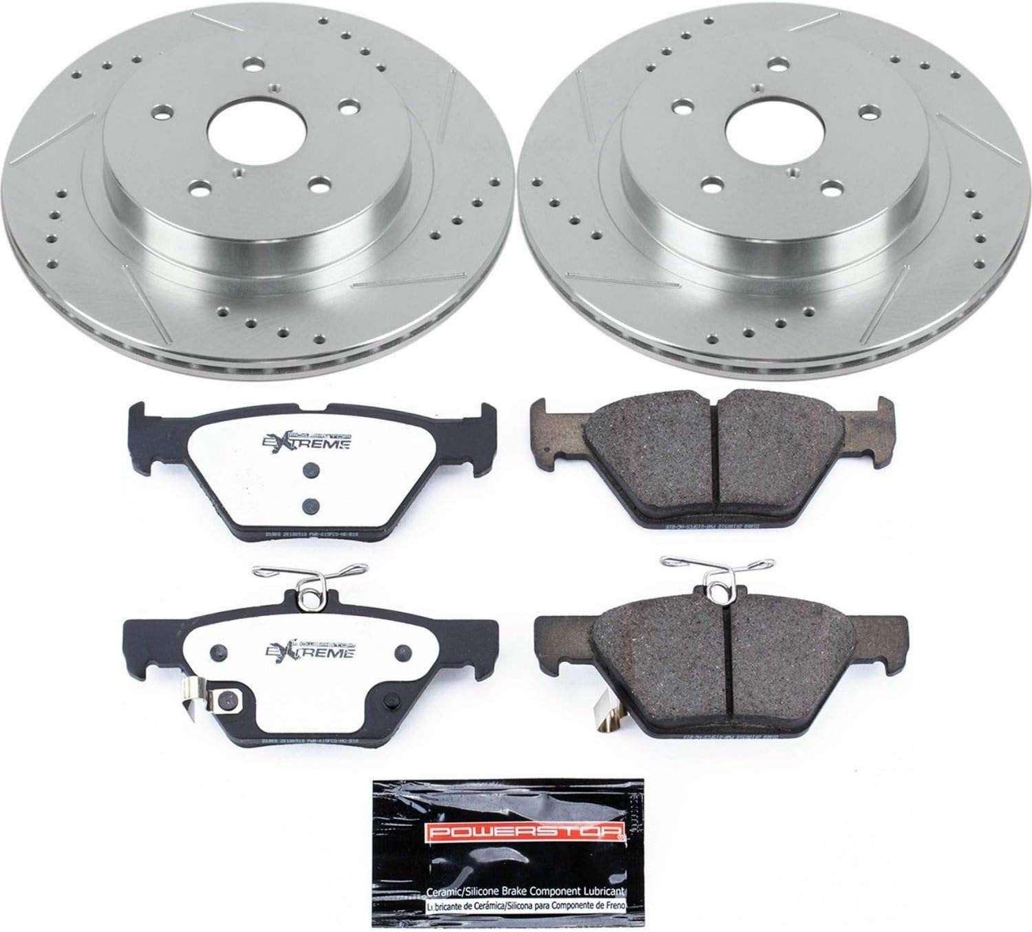 PowerStop Rear Brake Kit For Subaru Legacy 2015-22 |Outback 2015-23 |WRX 2016-24 - Carbon Fiber Ceramic Brake Pads + Drilled & Slotted Rotors Upgrade, K7039-26
