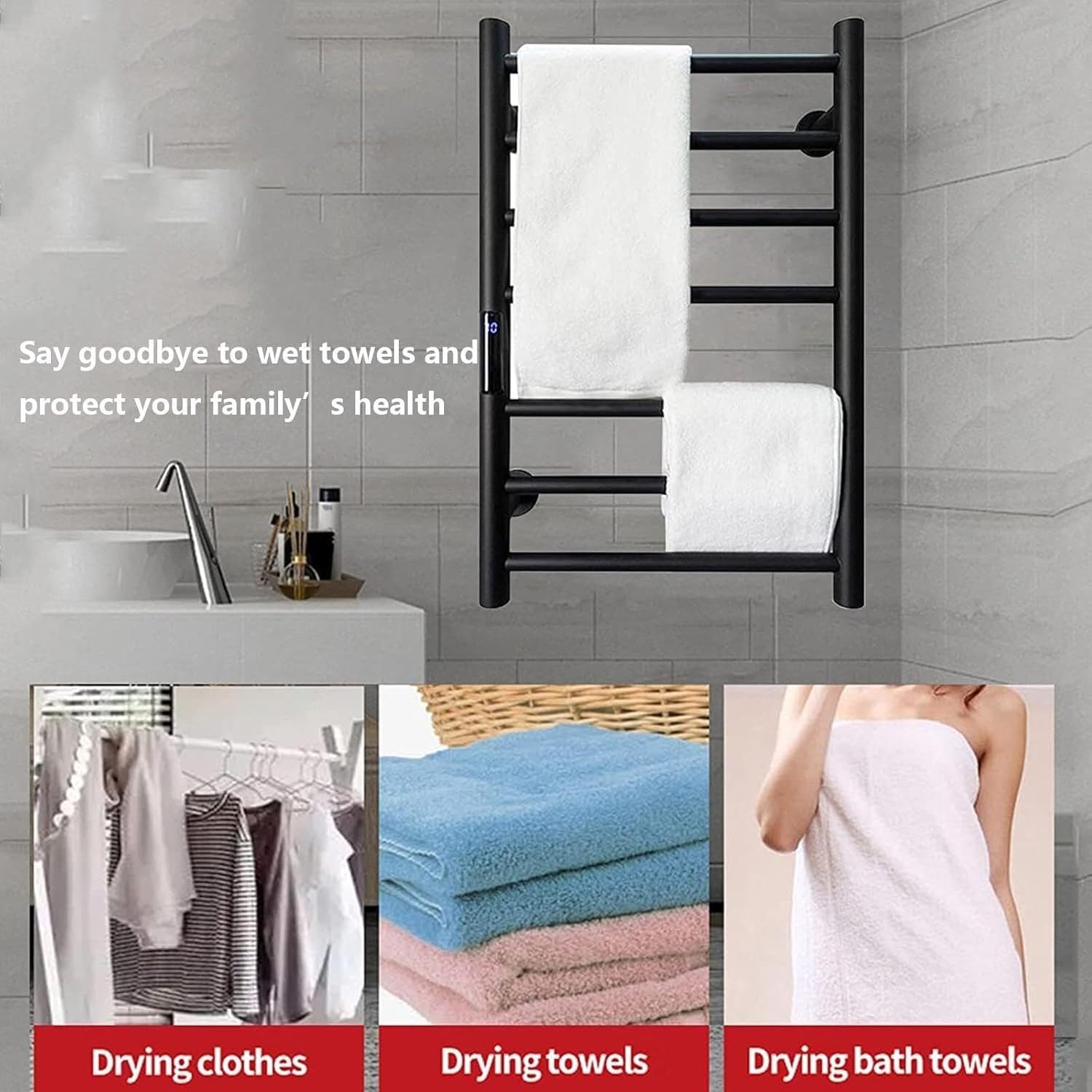 Heated Towel Rack, Electric Towel Warmer with Timer, LED Display, Adjustable Temperature Control, Wall Mounted or Plug-in Option, Waterproof, White(Black)