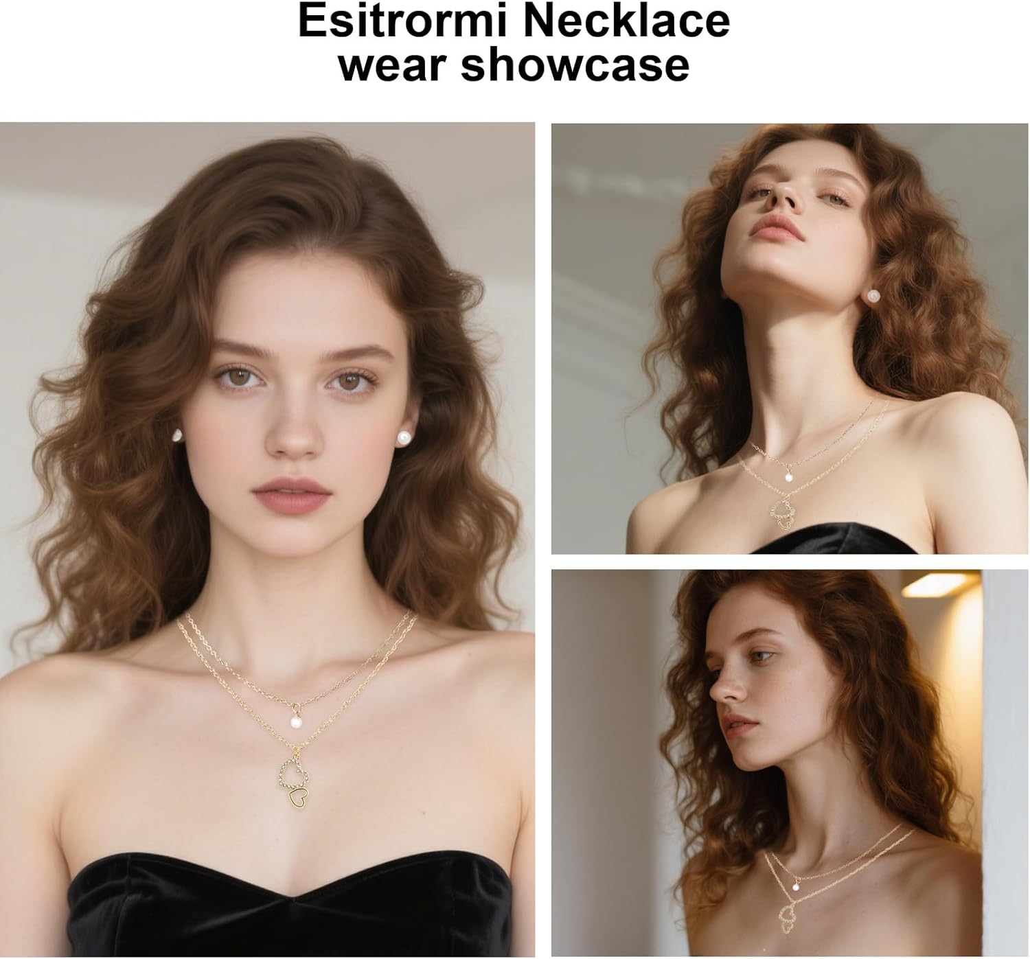 Heart Necklace for Women Handmade Gold Plated Layered Necklace Pearl Love Heart Pendant Necklace for Girlfriend Charm Dainty LongGold Chain with Pearl Earrings - Image 3