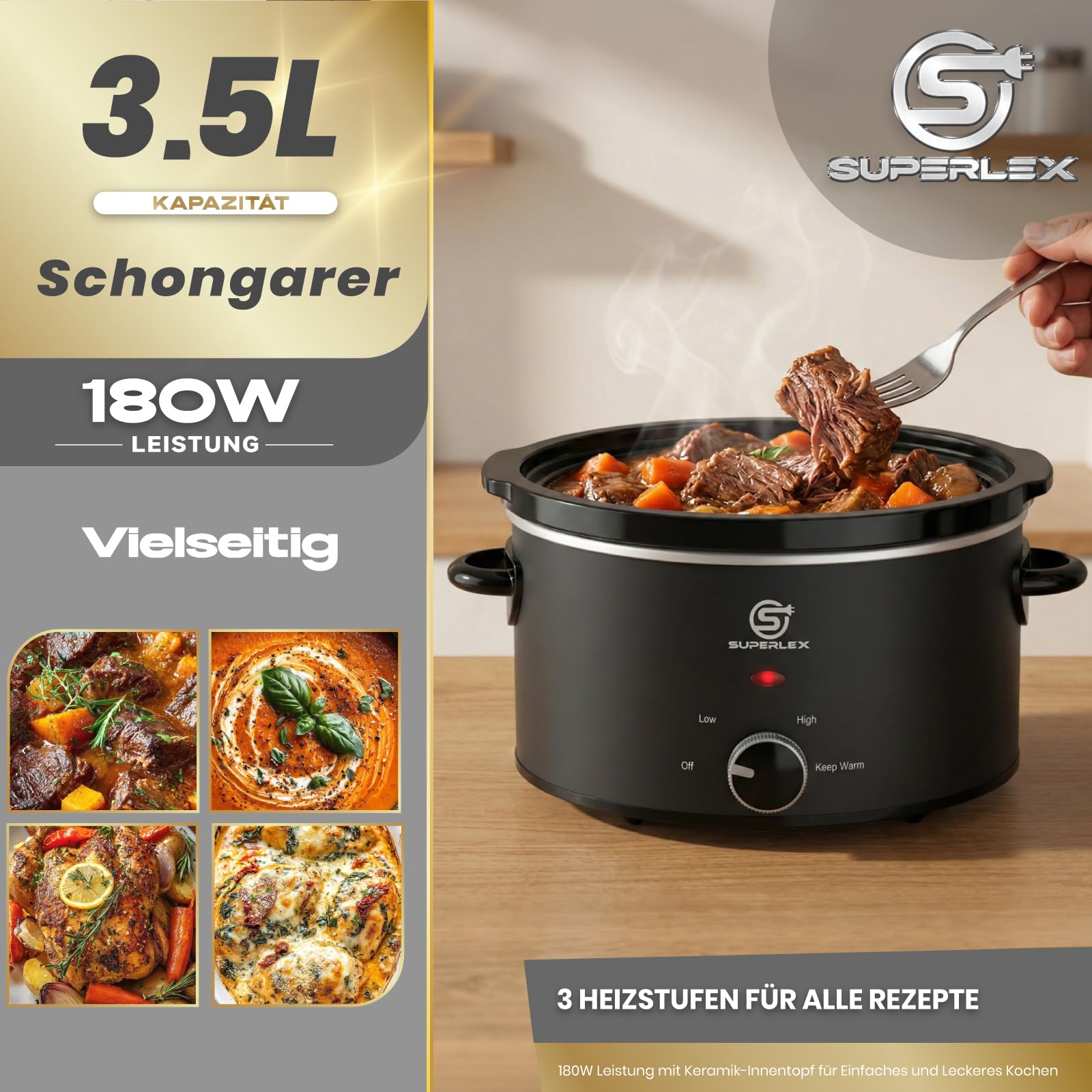 Slow Cooker - Pentola elettrica in ceramica con coperchio in vetro, con funzione di mantenimento in caldo, risparmio energetico, lavabile in lavastoviglie, ideale per stufato, zuppa, carne