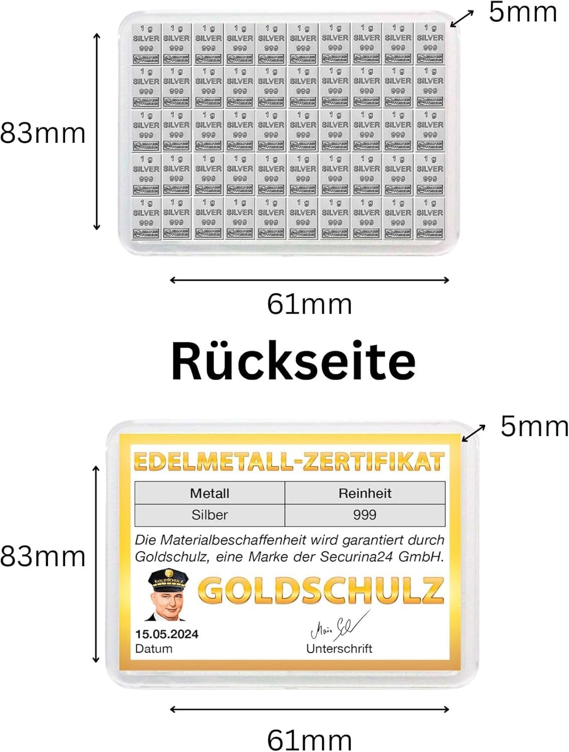 Goldschulz Silberbarren 50g 50 Gramm - Geschenk + Echtheitszertifikat