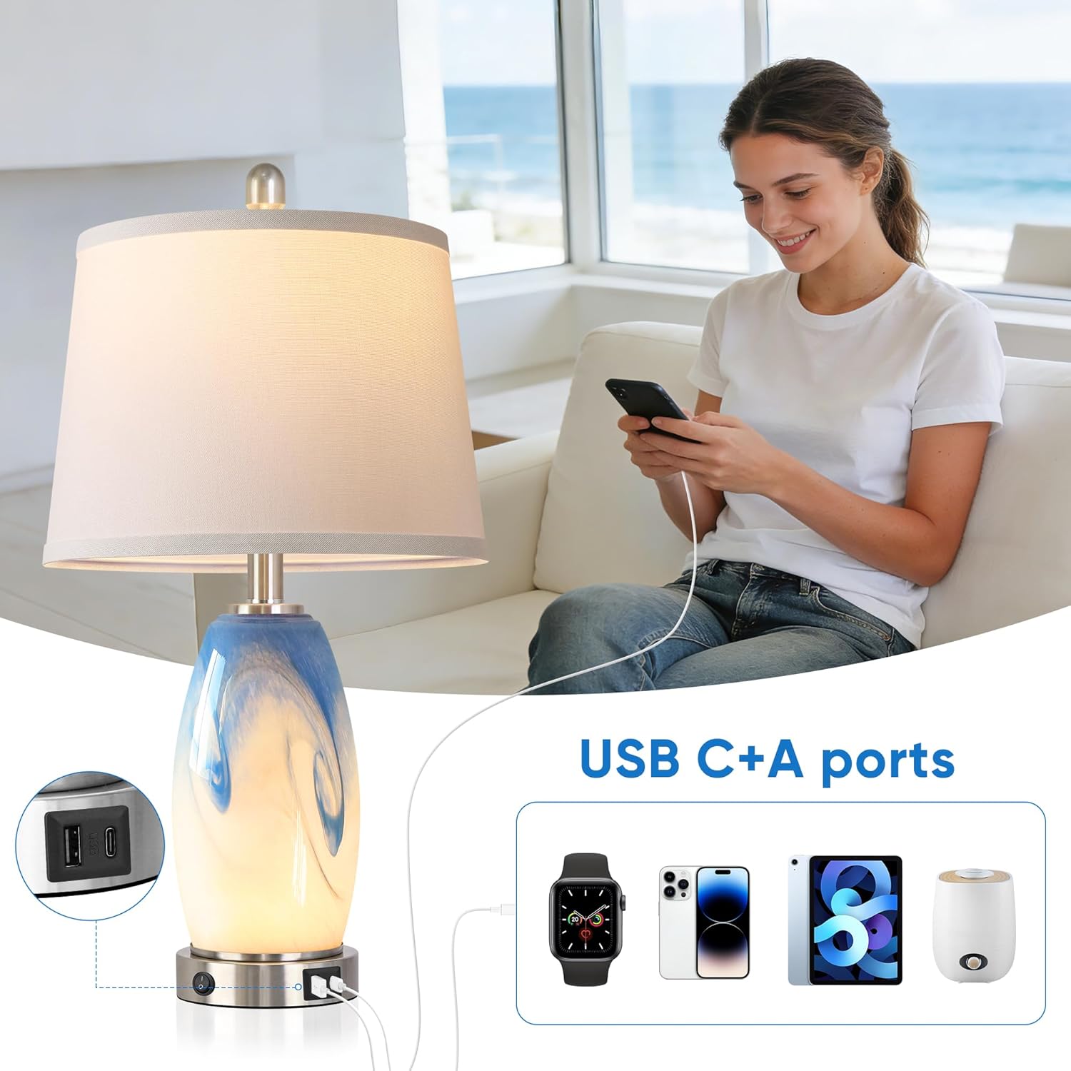 Coastal Glass Table Lamp Set of 2 with 7 Lighting Modes, 3-Color Temperature Modern Nightstand Lamp with USB A+C Port, Blue-White Nautical Bedside Lamp for Living Room Bedroom(LED Bulbs Included)