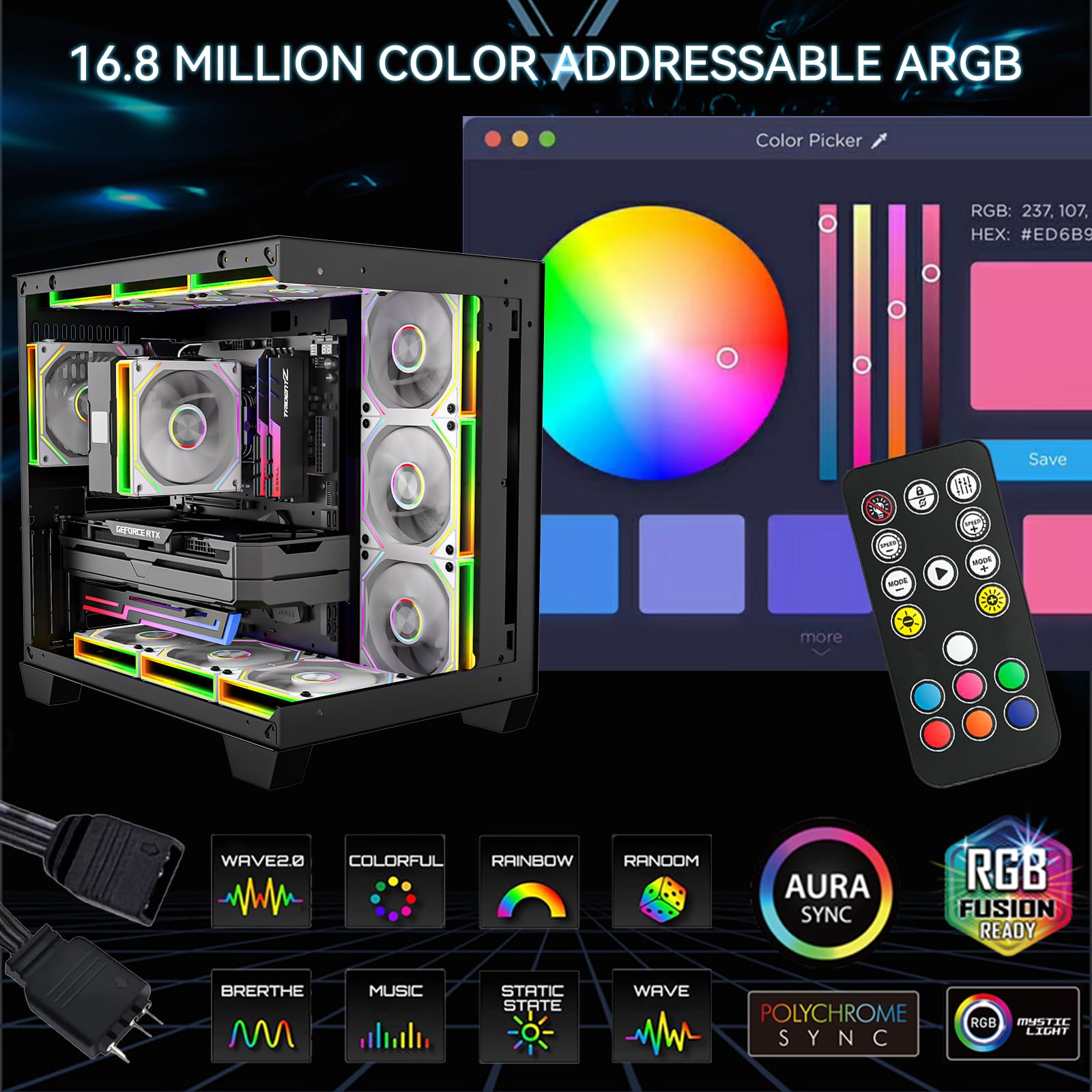 FB120 - Ventole di raffreddamento ARGB PC da 120 mm, design a specchio infinito, colori e telecomando da 16,8 m, controllo della velocità PWM, flusso d'aria elevato, giunzione/catena a