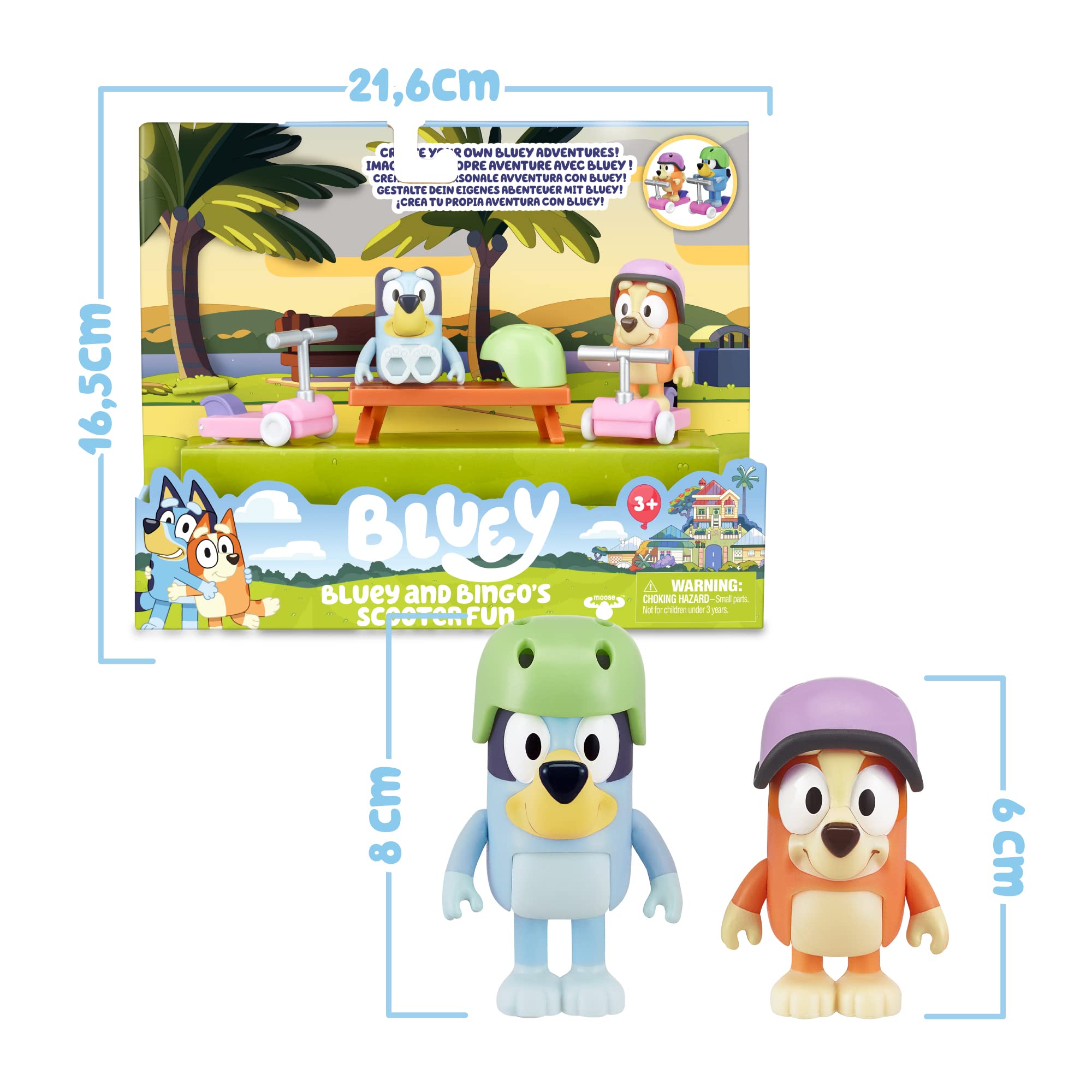 Bluey - Vehículos Scooters, con 2 Figuras de los protagonistas de la Serie, Bingo la Hermana de Blue, y de Accesorios 2 patinetes Scooter con Ruedas y 2 Cascos, +3 años de Edad, Famosa (BLY12100)