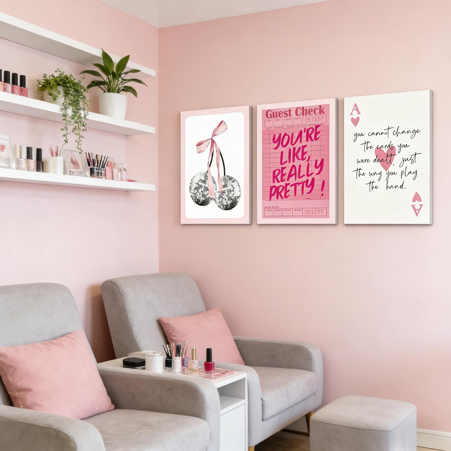 3Pcs Trendy Pink Preppy Canvas Wall Art Cute Girly Coquette Disco Cherry Pictures Wall Decor Preppy Room Decor Aesthetic Posters Prints for College Apartment Dorm Decoration 16x24in