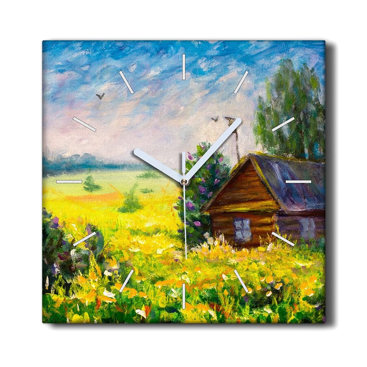 Horloge sur toile silencieuse 30x30cm fleurs paysage ciel déco salon