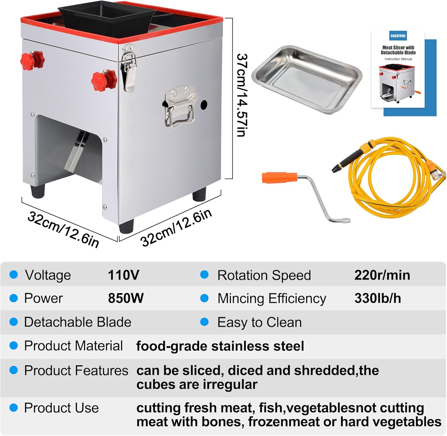 Meat Cutter Machine,850W Meat Slicer,Commercial 5mm Electric Meat Slicer Shredded Cutting Machine, Stainless Steel 330lb/h,Meat Cutter with Detachable Blade for Boneless Pork Chicken Fish.