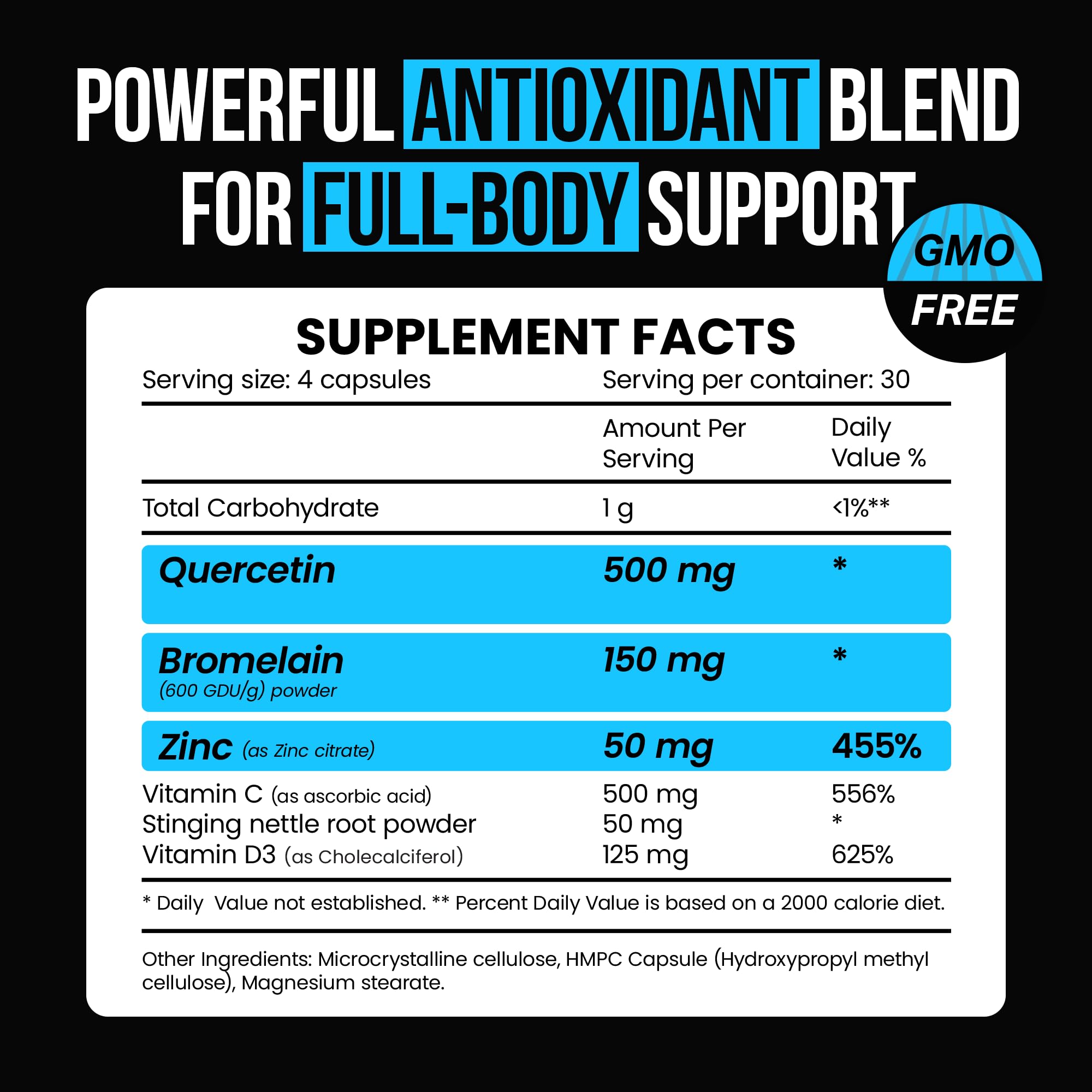 VitaRaw Quercetin with Bromelain 500mg Capsules, Supports Immune Response, Joint Comfort, & Overall Wellness - Vitamin C, Zinc 50mg, & Vitamin D3 5000 IU - Immunity Health Pills — Amazon image 2