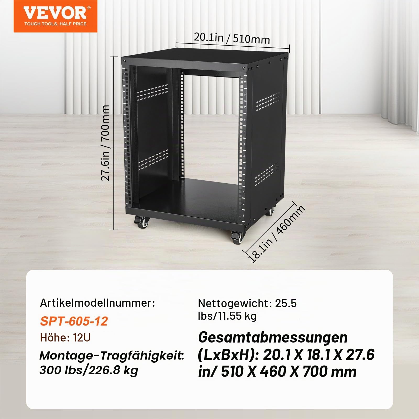 VEVOR 12U Server-Rack, 226,8 kg Kapazität, Netzwerk-Stereo-Aufnahmestudio-Rack mit feststellbaren Lenkrollen, Ideal für die Montage von Audio-, Video-, Musik- und IT-Geräten, 510 x 460 x 700 mm
