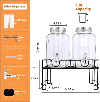 4 Litre Glass Drink Dispenser with Tap Set of 2,Water Dispenser