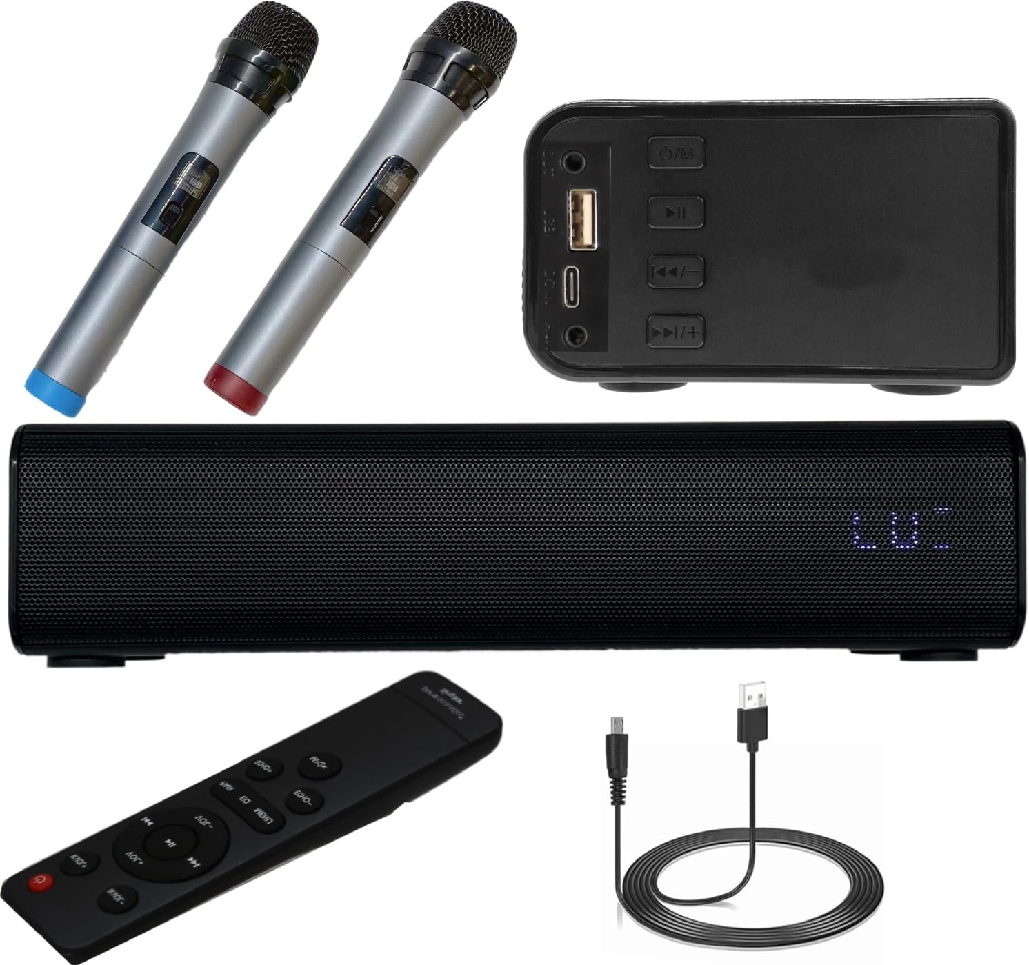 Pyle Wireless Soundbar with Mic and Remote Control, 10 inches 20W 2 Wireless Microphones, 5.0, A2DP, AVRCP Bluetooth Karaoke Sound System, USB, AUX-in, AUX Out,Black