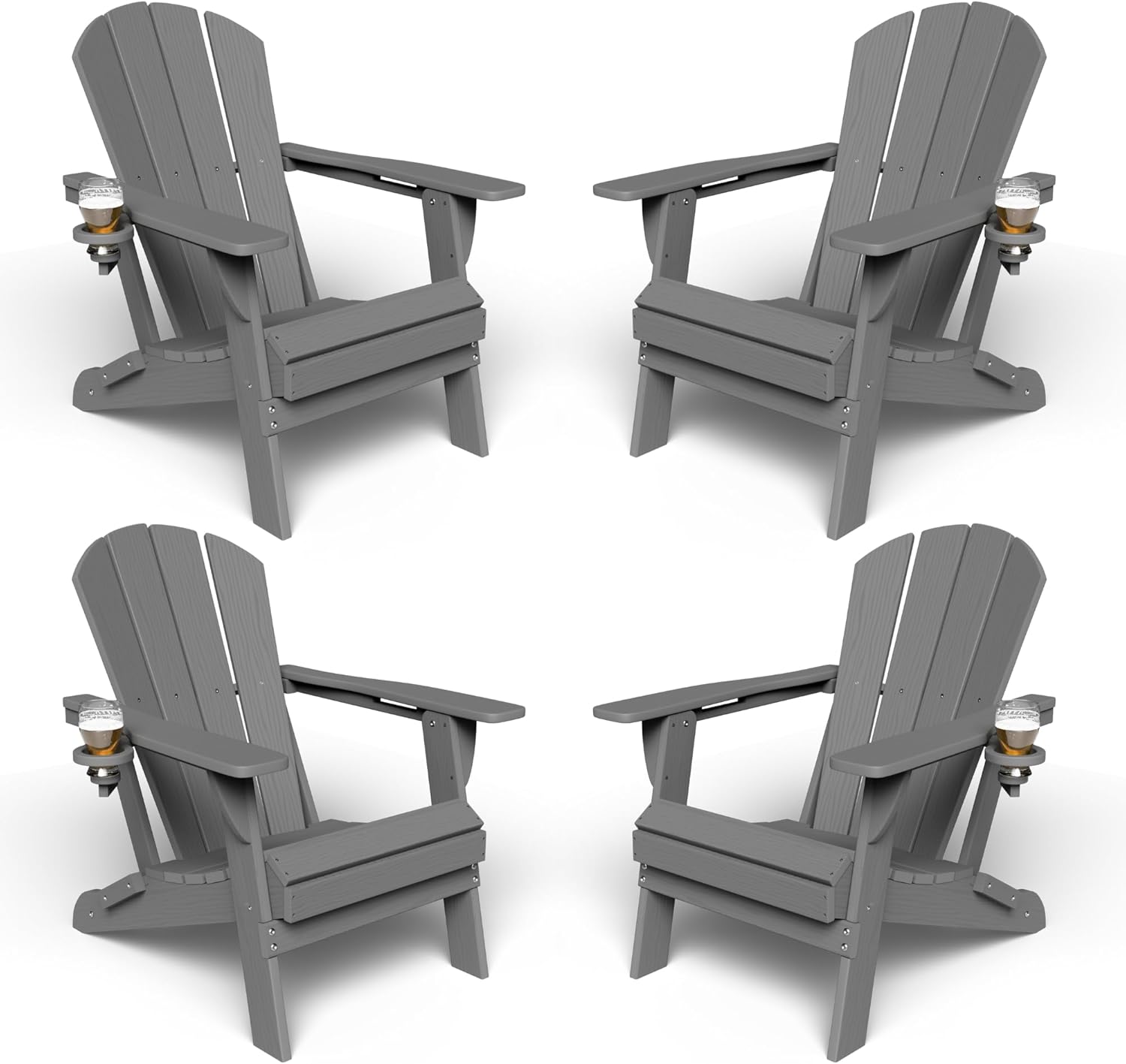 Kingdura Foldable Adirondack Chairs Set of 4, Portable HDPE All Weather Resistant Outdoor Patio Chair, Wooden Textured with Cup Holder, 380LBS Capacity for Poolside, Backyard, Deck, Fire Pit (Grey)